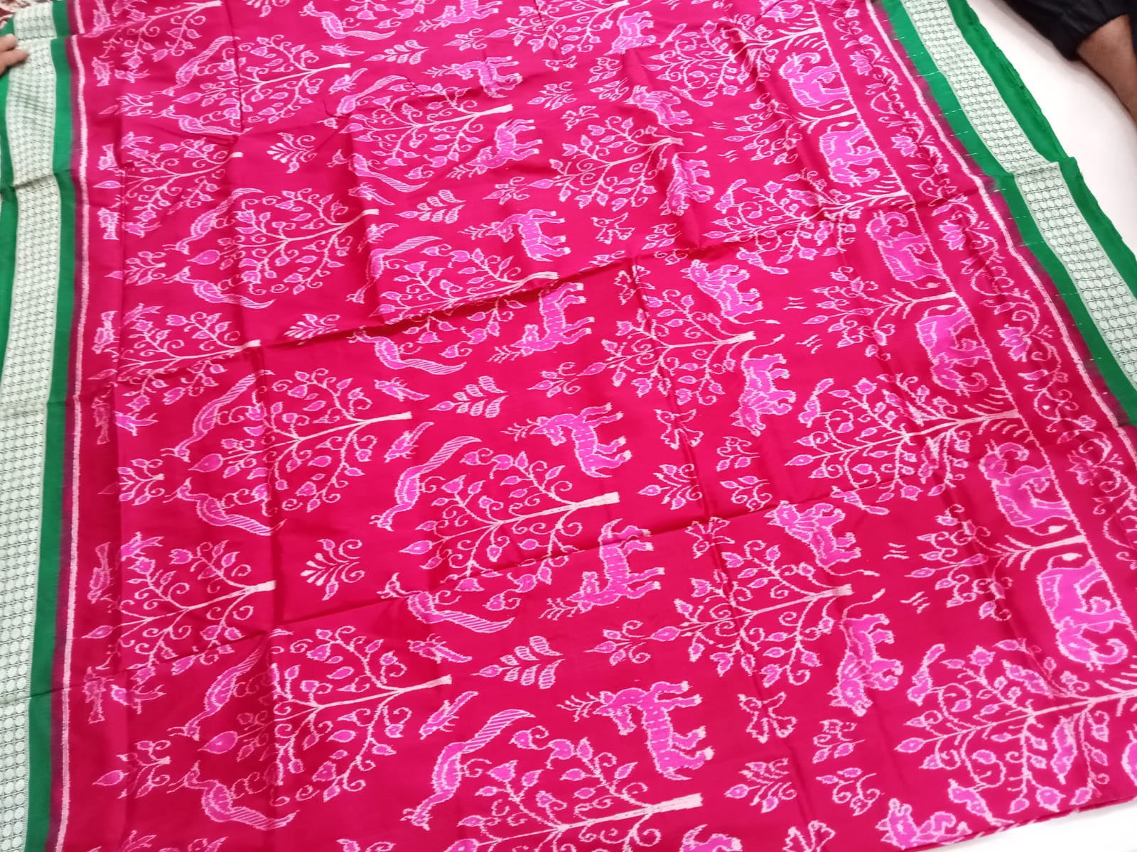 Tree with Deer pattern pure silk saree in Rani pink and Green color. - Koshali Arts & Crafts Enterprise