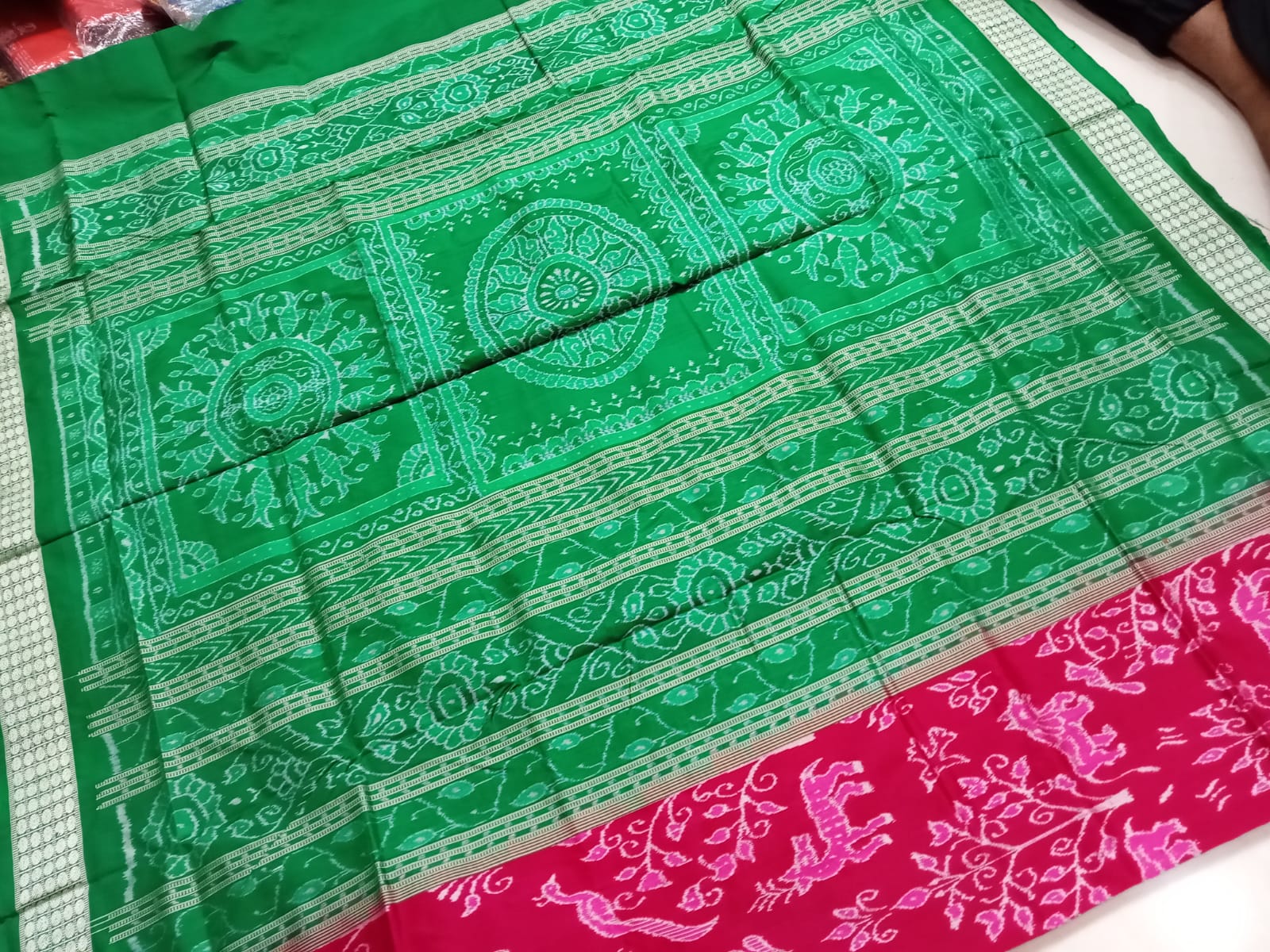 Tree with Deer pattern pure silk saree in Rani pink and Green color. - Koshali Arts & Crafts Enterprise