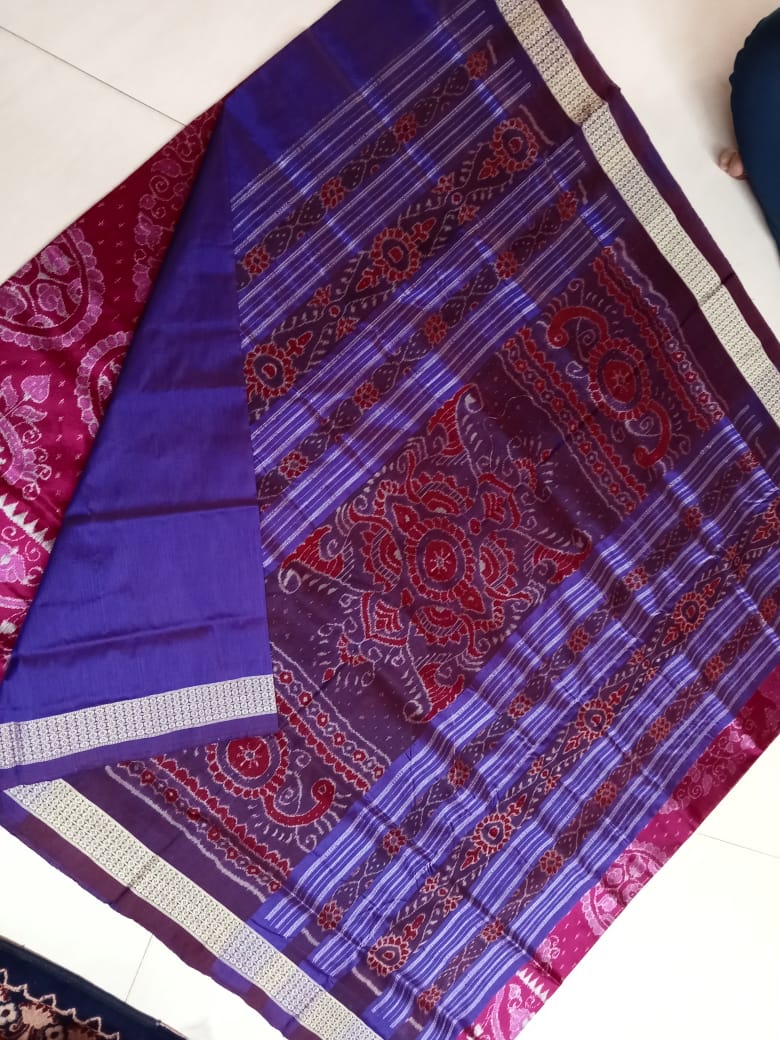 Latest Tree with deer pattern Sambalpuri Bandha design pata saree in Rani pink with Violet color. - Koshali Arts & Crafts Enterprise