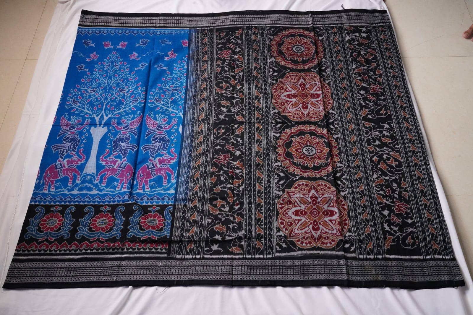 Traditional elephant with Nartaki  pattern pure cotton saree in Blue and Black color. - Koshali Arts & Crafts Enterprise