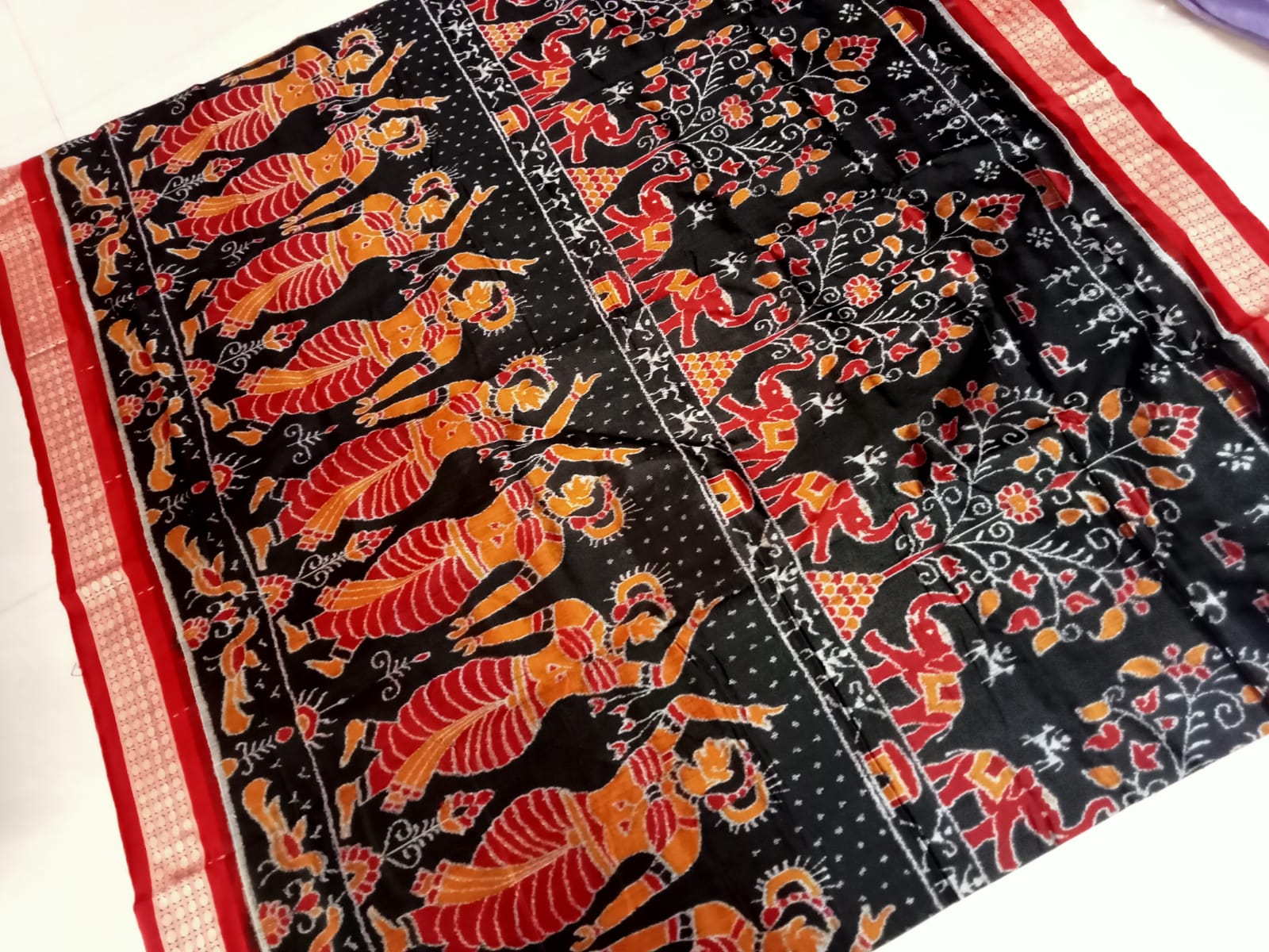 Nartaki with elephant pattern Sambalpuri pure silk saree in Black and Red color. - Koshali Arts & Crafts Enterprise