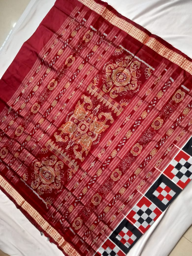 Maroon and Black color Pasapali pattern  Sambalpuri pata saree. - Koshali Arts & Crafts Enterprise