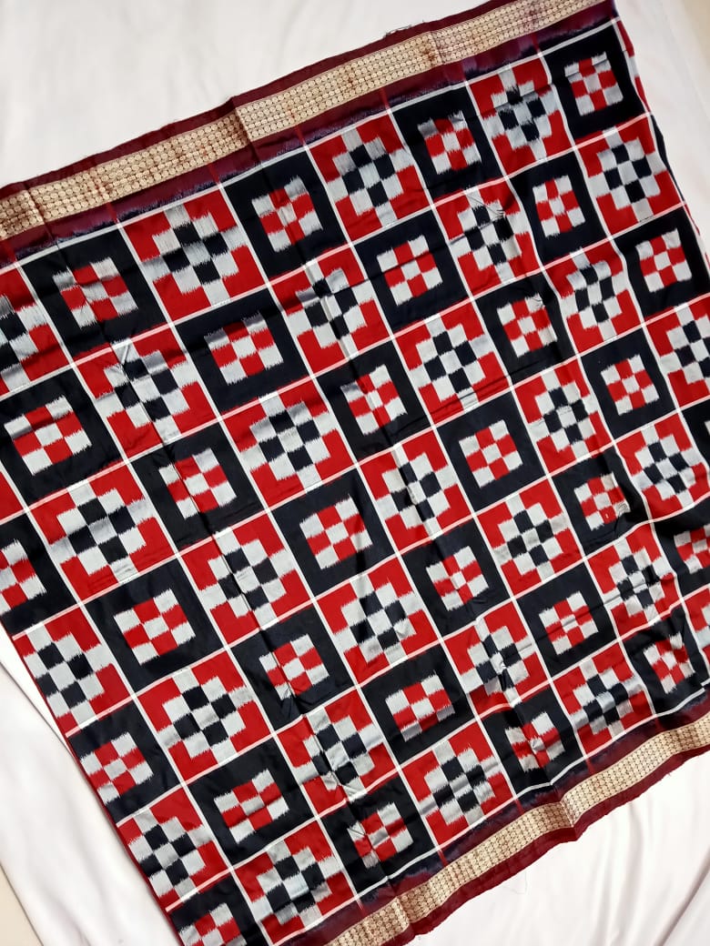 Maroon and Black color Pasapali pattern  Sambalpuri pata saree. - Koshali Arts & Crafts Enterprise