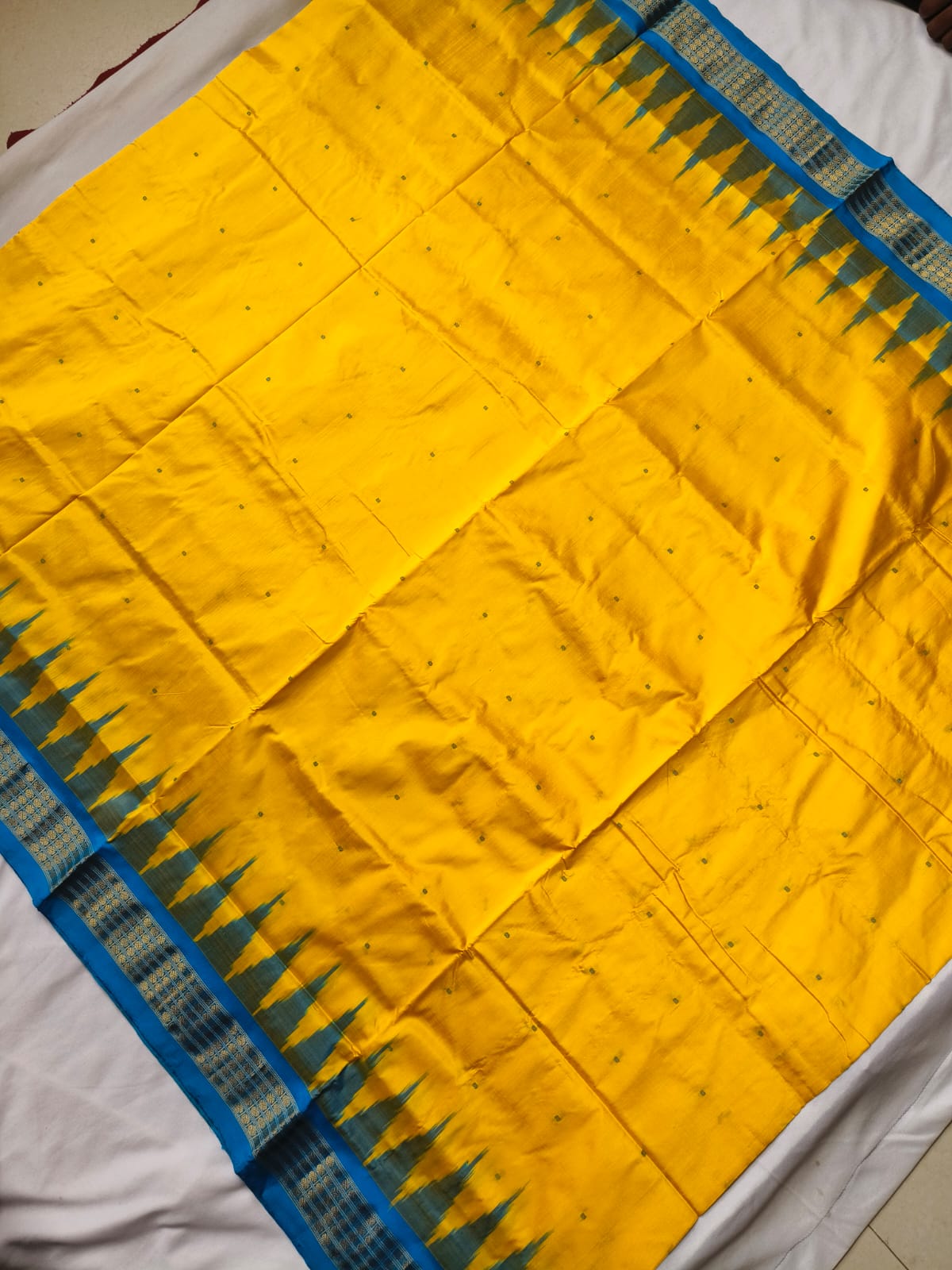Yellow and Sky color small booty pattern pure silk and tissue border pata saree. - Koshali Arts & Crafts Enterprise