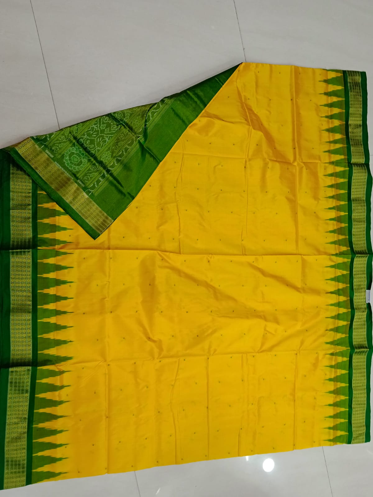 Yellow and Green color small booty pattern pure silk and tissue border pata saree. - Koshali Arts & Crafts Enterprise
