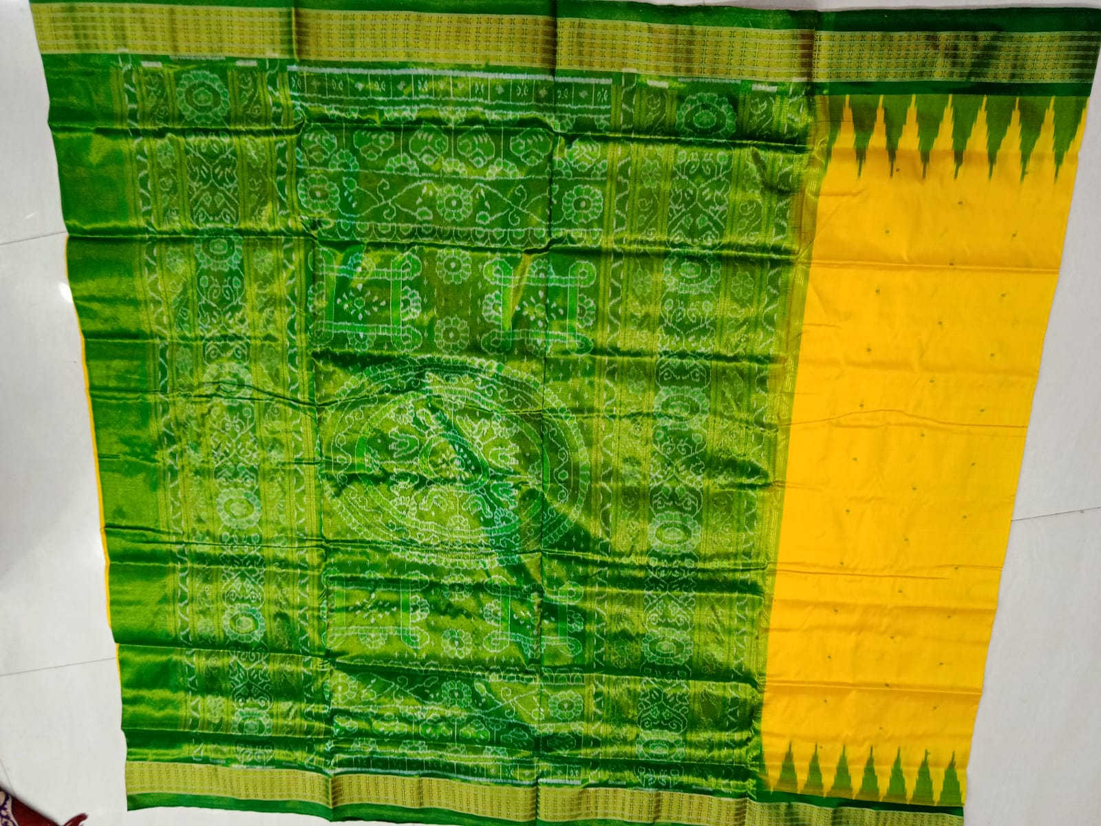 Yellow and Green color small booty pattern pure silk and tissue border pata saree. - Koshali Arts & Crafts Enterprise
