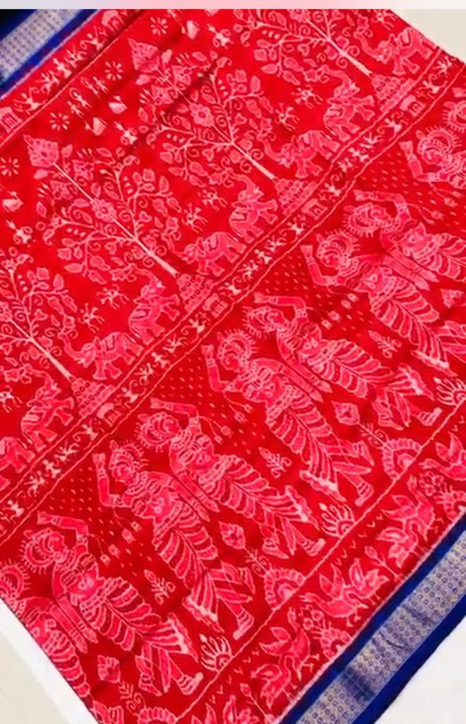 Nartaki with elephant pattern Sambalpuri pure silk saree in Red and Blue color. - Koshali Arts & Crafts Enterprise