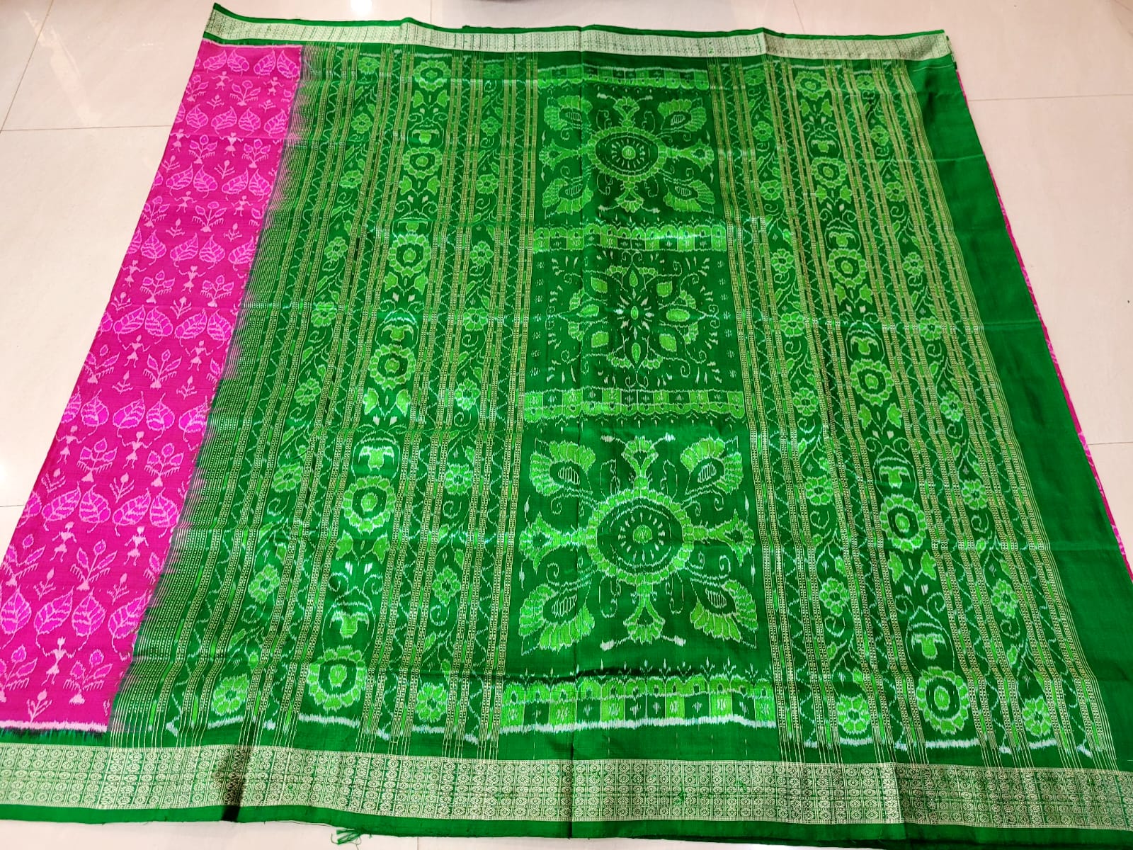 Pink and Green color pure silk saree is design like terracotta with leaf pattern. - Koshali Arts & Crafts Enterprise