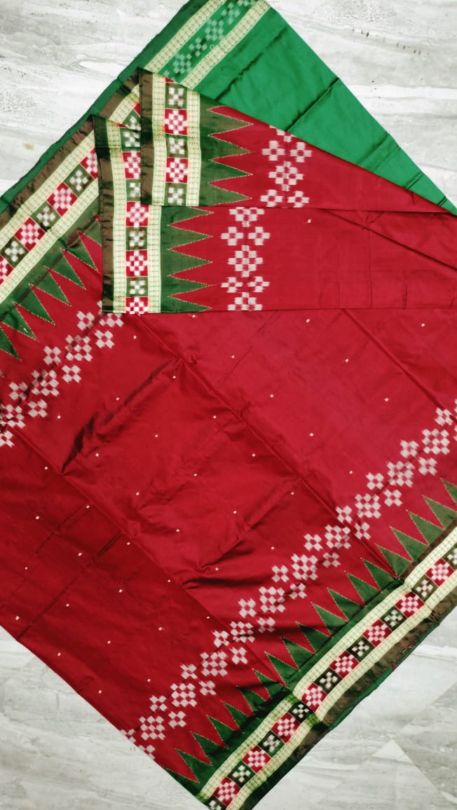 Traditional design dhadi pasapali pattern pata saree in Maroon & Green color . - Koshali Arts & Crafts Enterprise
