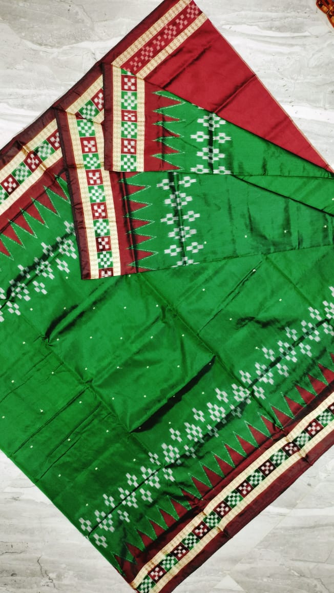 Traditional design dhadi pasapali pattern pata saree in  Green & Maroon color . - Koshali Arts & Crafts Enterprise
