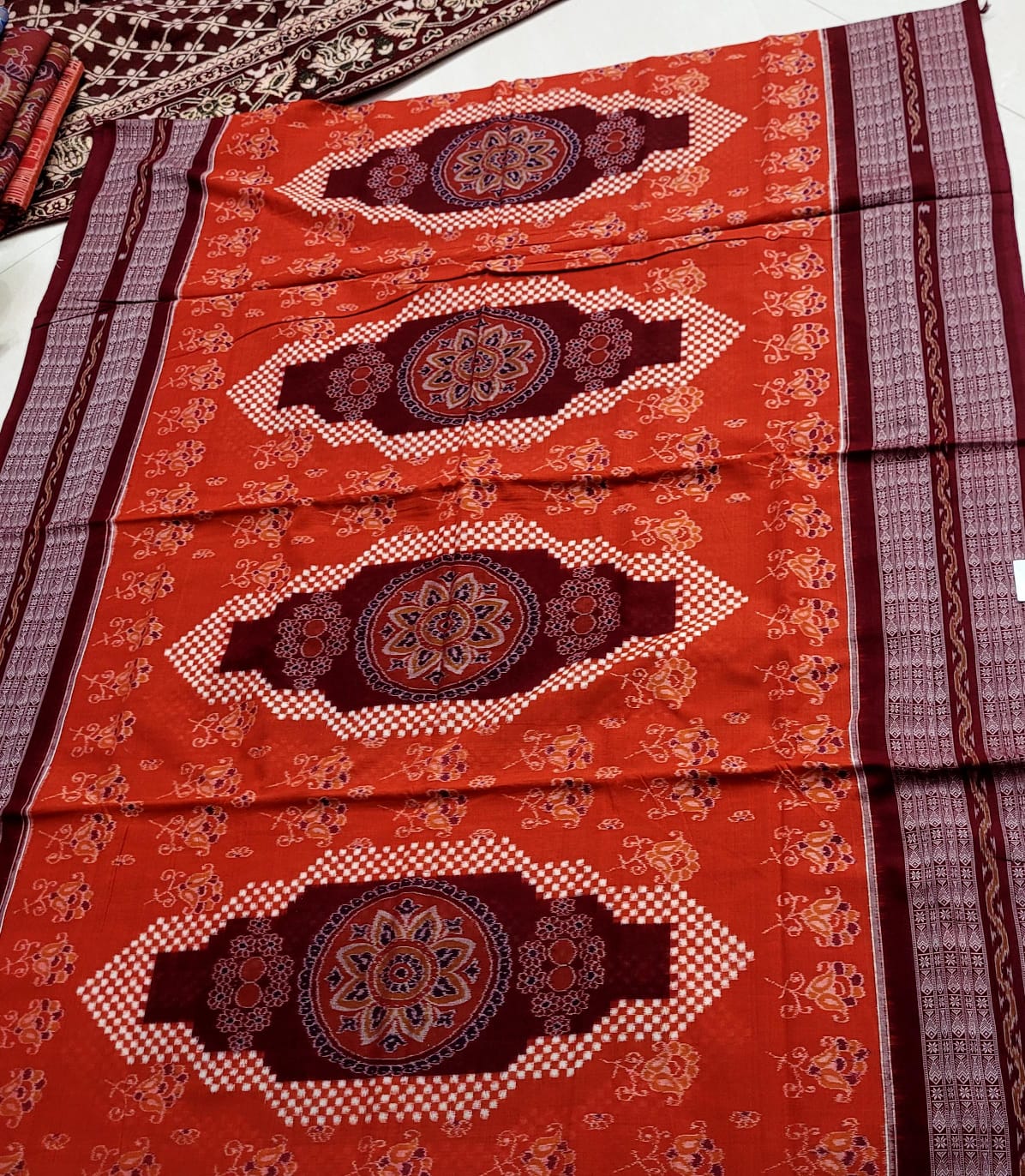 Orange and Coffee color pasapali design Sambalpuri pure cotton saree. - Koshali Arts & Crafts Enterprise