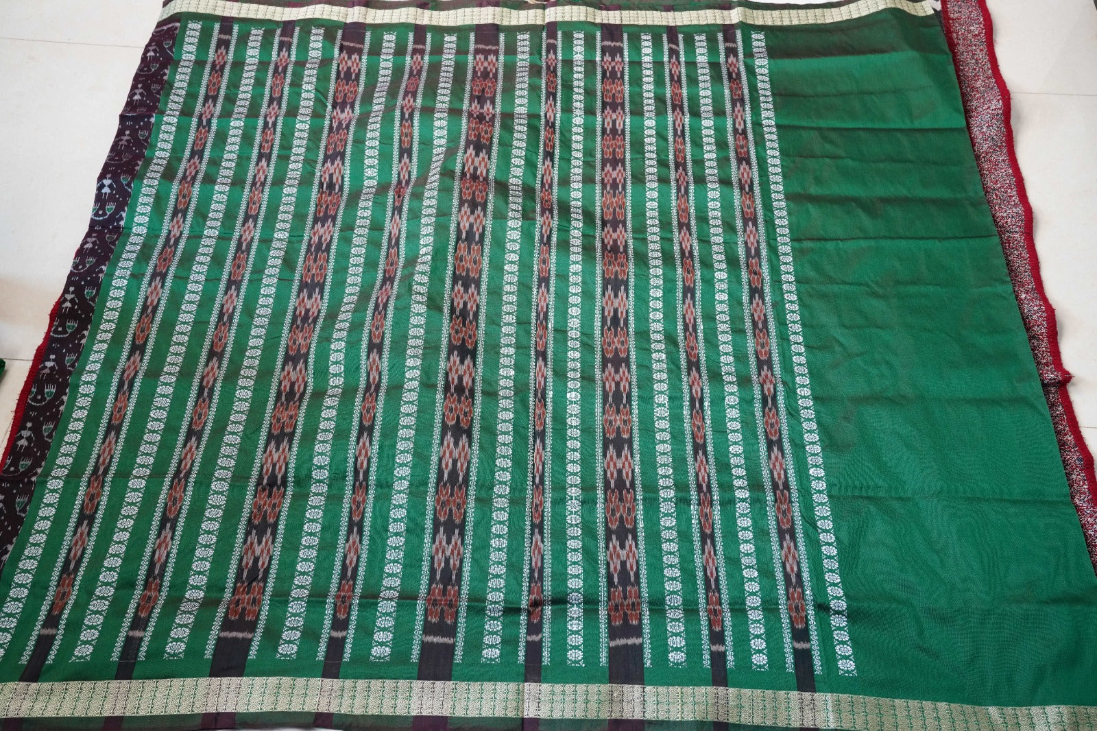 Black and Green color Sambalpuri terracotta Patli Pata saree. - Koshali Arts & Crafts Enterprise
