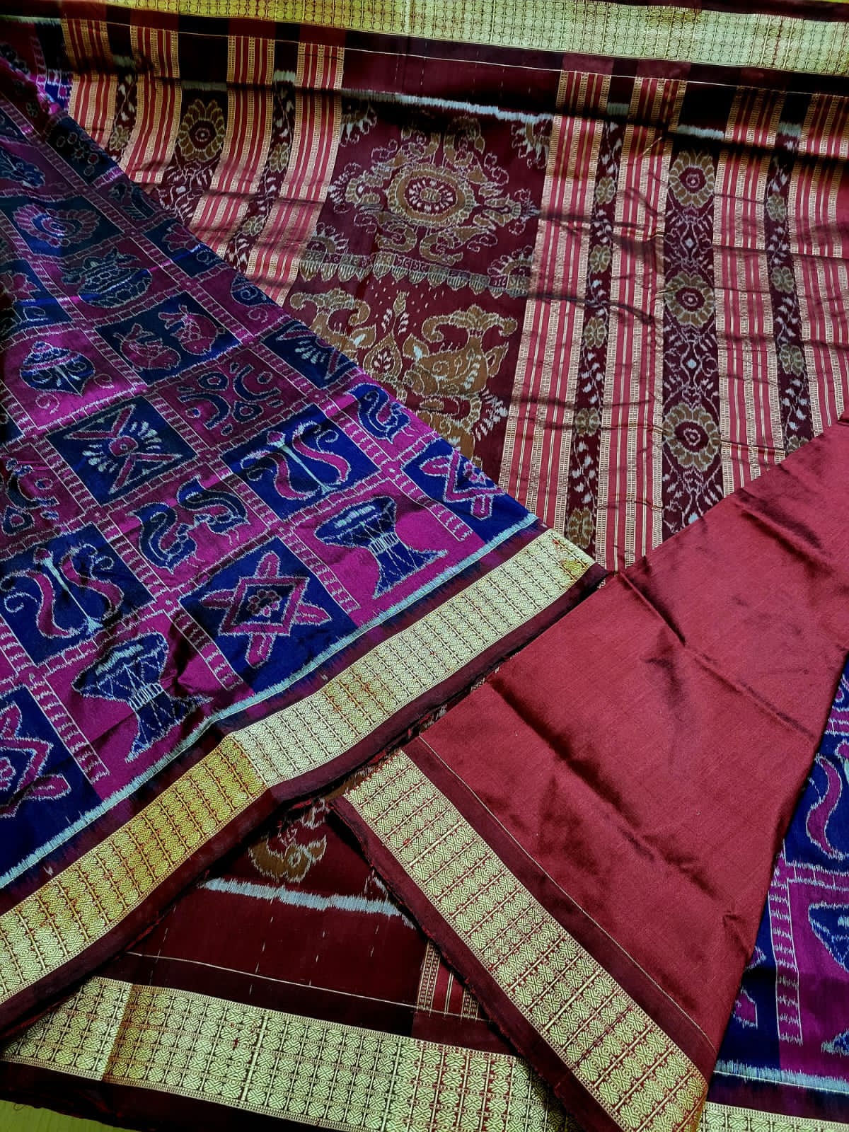 Nabakothi design Sambalpuri pata saree in deep pink, blue and maroon color. - Koshali Arts & Crafts Enterprise