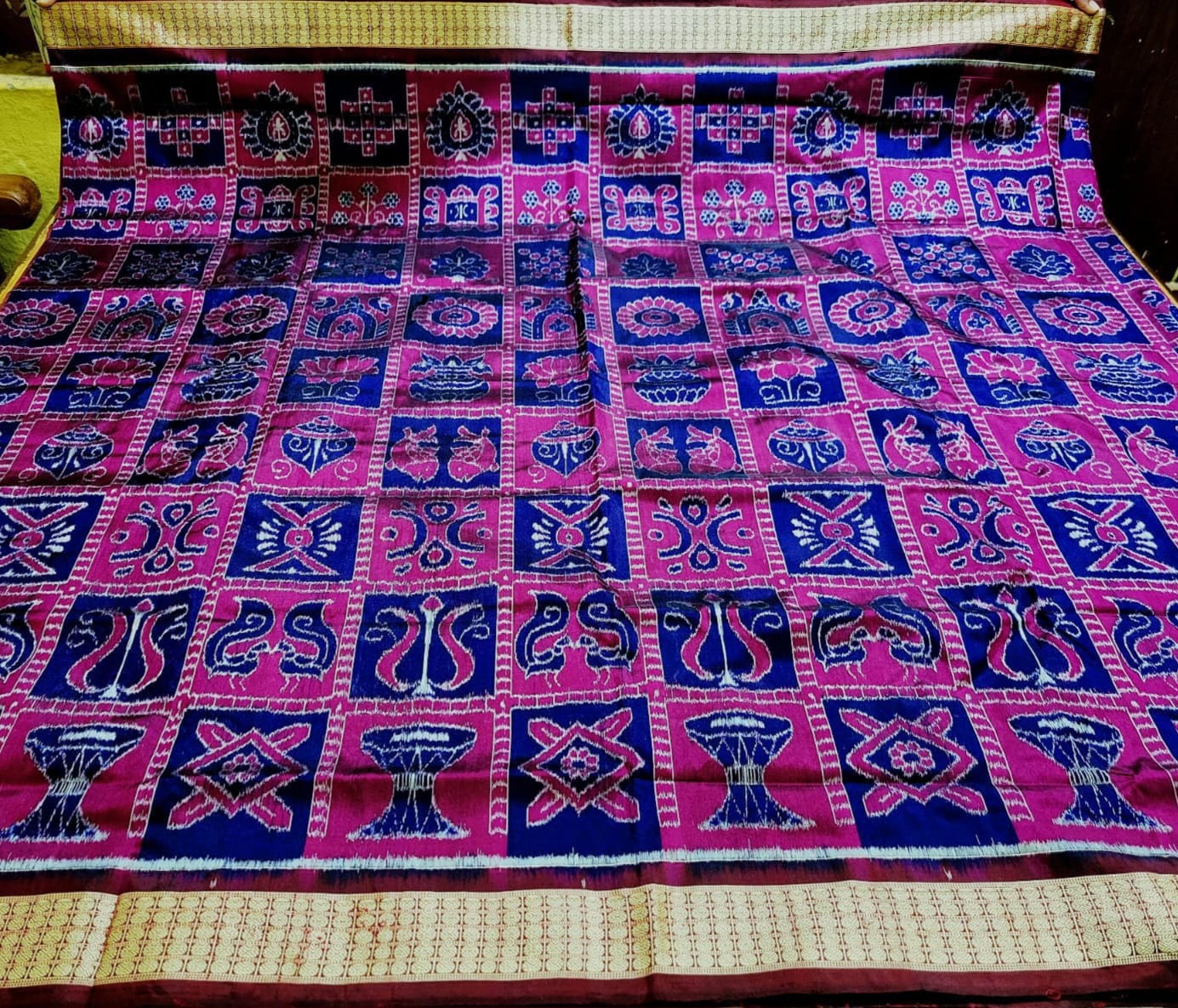 Nabakothi design Sambalpuri pata saree in deep pink, blue and maroon color. - Koshali Arts & Crafts Enterprise