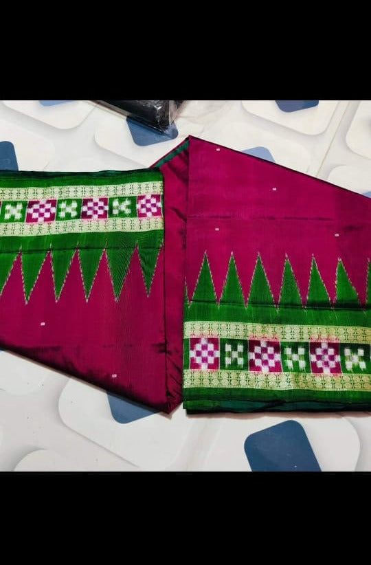 Pink and green dhadi pasapali pata saree with bandha pallu, featuring small booty pattern on the body. - Koshali Arts & Crafts Enterprise