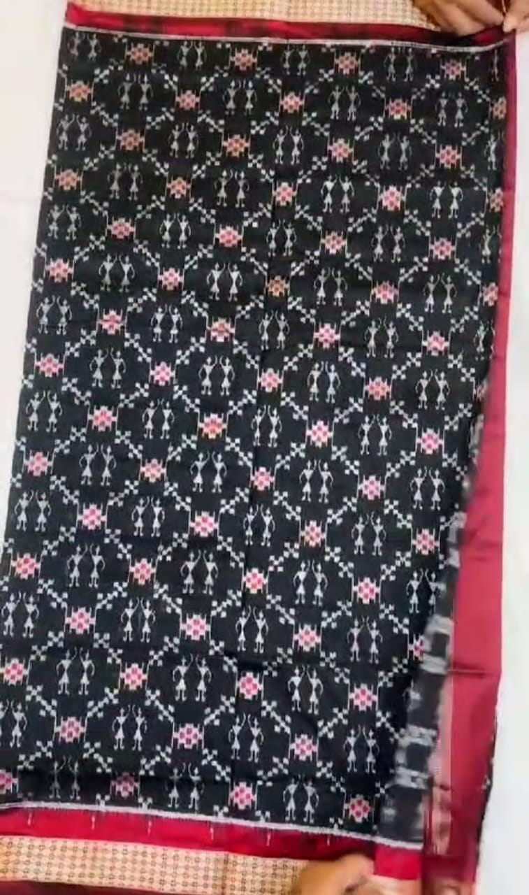 Black and Maroon Pasapali with terracotta pattern Sambalpuri pata saree, an elegant fusion of tradition and sophistication. - Koshali Arts & Crafts Enterprise
