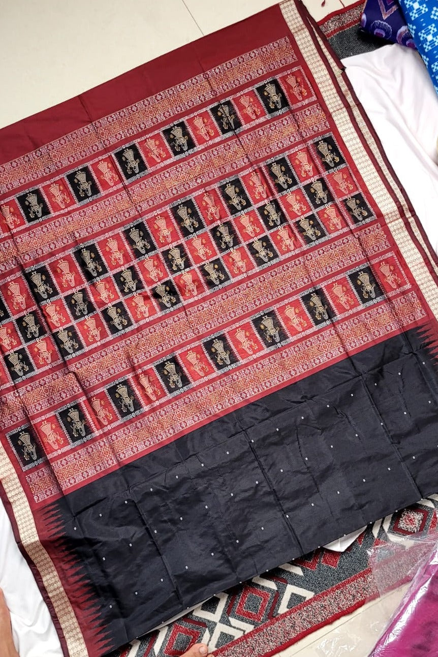 Black with Maroon plain body pata saree adorned with doll pattern on the pallu, exuding timeless elegance. - Koshali Arts & Crafts Enterprise