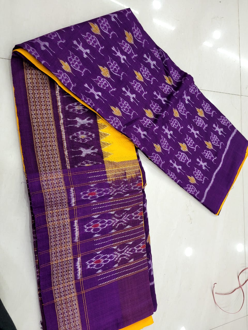 Body flowers with terracotta pattern in Purple & yellow color with dupatta. Unstitched cotton dress set. - Koshali Arts & Crafts Enterprise