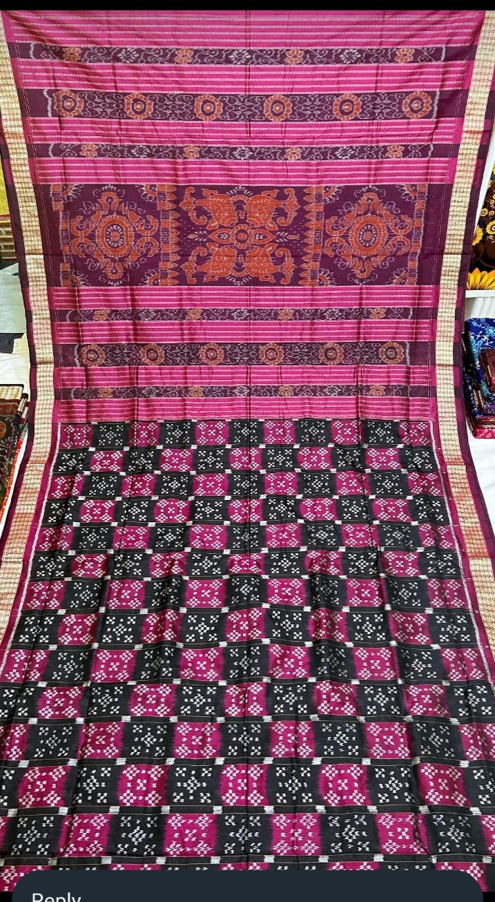 Multicolored body with Samalpuri pasapali pattern, pink pallu, traditional saree. - Koshali Arts & Crafts Enterprise