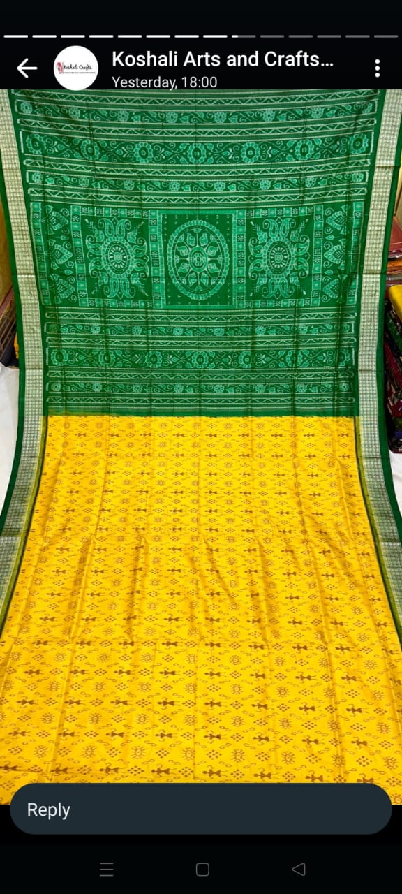"Handwoven Yellow & Green Sambalpuri Half tissue silk saree with terracotta pattern body, comes with a matching blouse piece. Elegant and traditional. - Koshali Arts & Crafts Enterprise