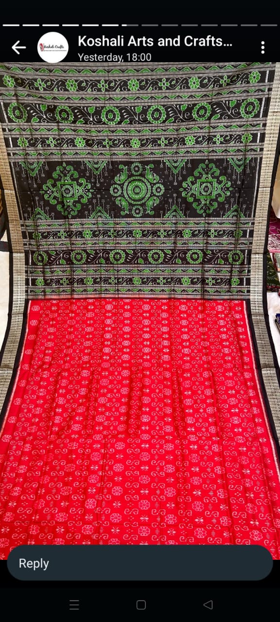 "Handwoven Red and Black Sambalpuri Half tissue silk saree with bandha pallu, complemented by a matching blouse piece. Elegant and traditional. (Copy) (Copy) - Koshali Arts & Crafts Enterprise