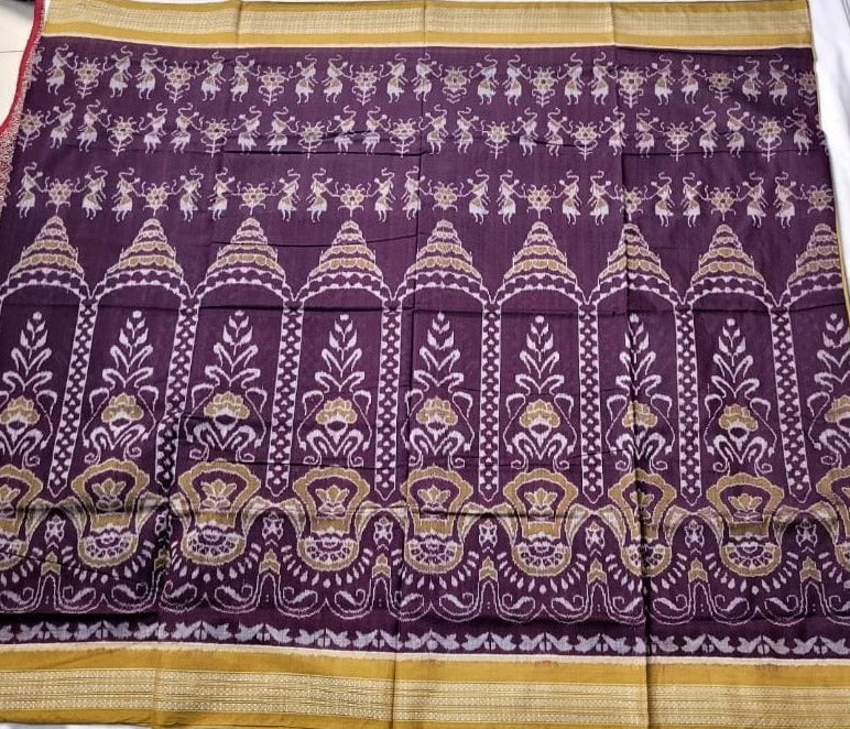 A Sambalpuri cotton saree in coffee and yellow hues features a bocky design on the body with an exclusive pallu pattern.