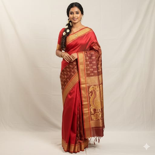 Regal Red Peacock Sambalpuri Pata Saree