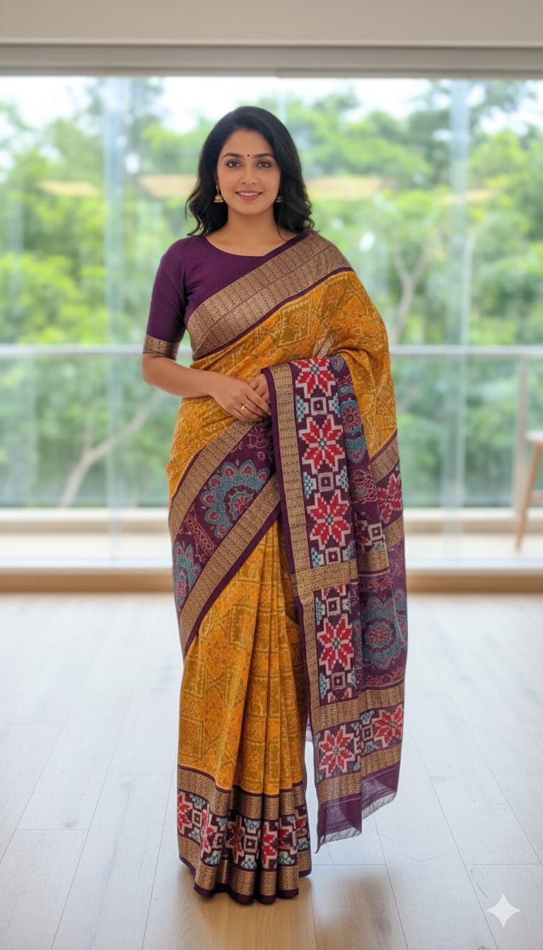 Mustard-Purple Koshal Radiance SAREE - Koshali Arts & Crafts Enterprise