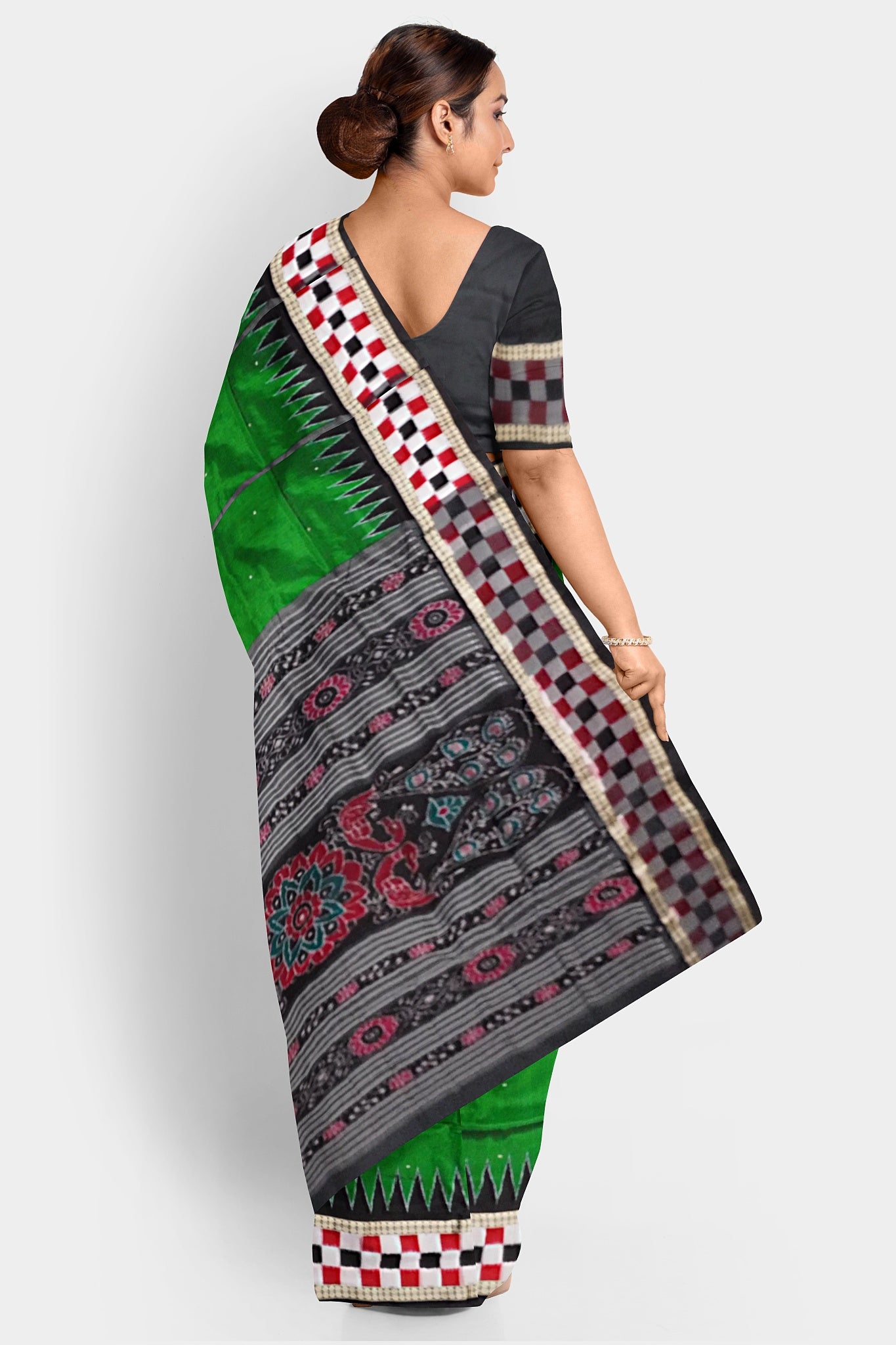 "Handwoven Red and Black Sambalpuri Half tissue silk saree with bandha pallu, complemented by a matching blouse piece. Elegant and traditional. (Copy)