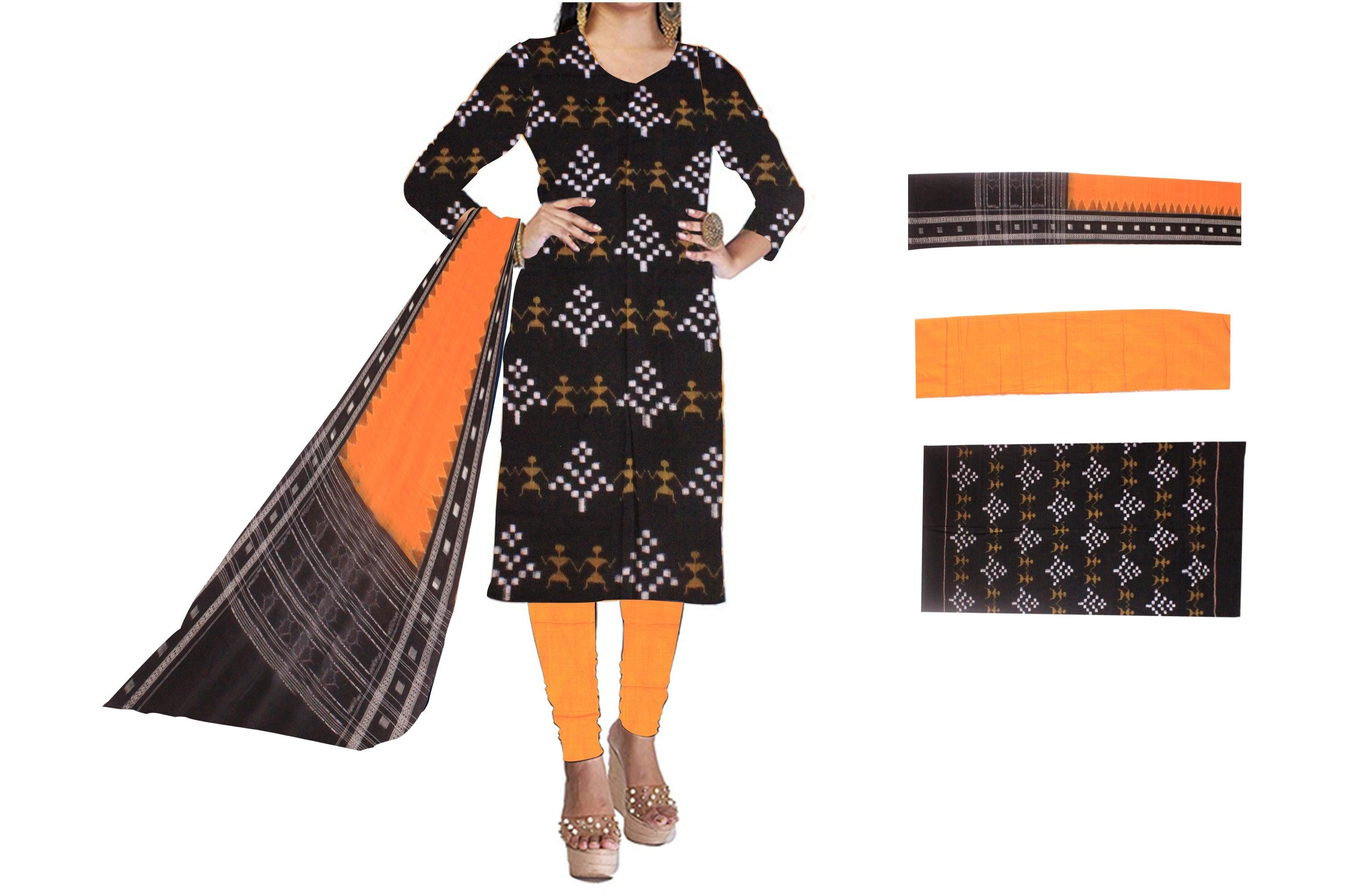 Cotton Dress Material in Beautiful yellow  and black  color with Pasapali design.  Contrast  Dupatta  UNSTITCHED DRESS SET - Koshali Arts & Crafts Enterprise