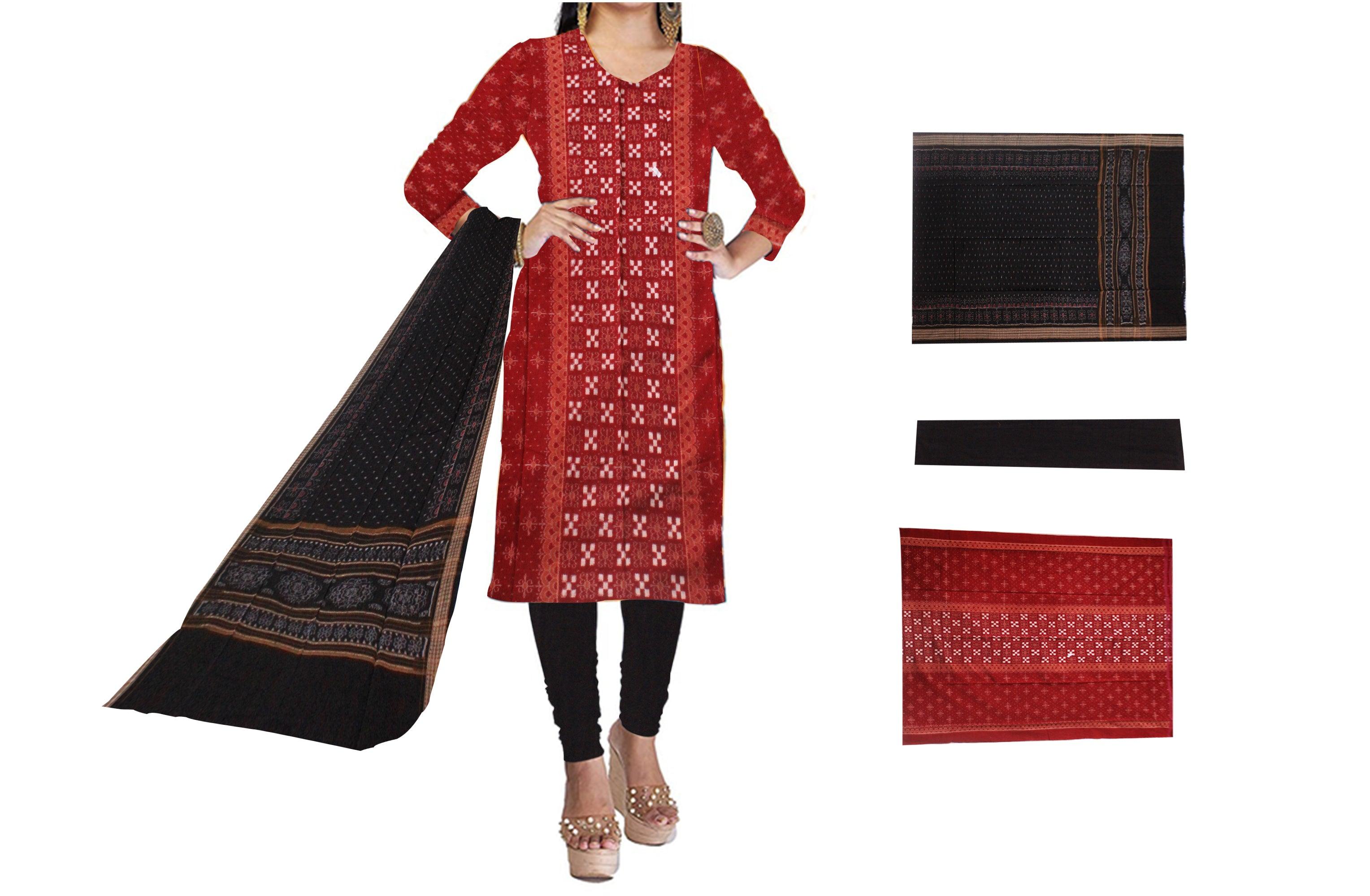 Cotton Dress Material in Beautiful maroon and black color with Pasapali design.  Contrast  Dupatta  UNSTITCHED DRESS SET - Koshali Arts & Crafts Enterprise