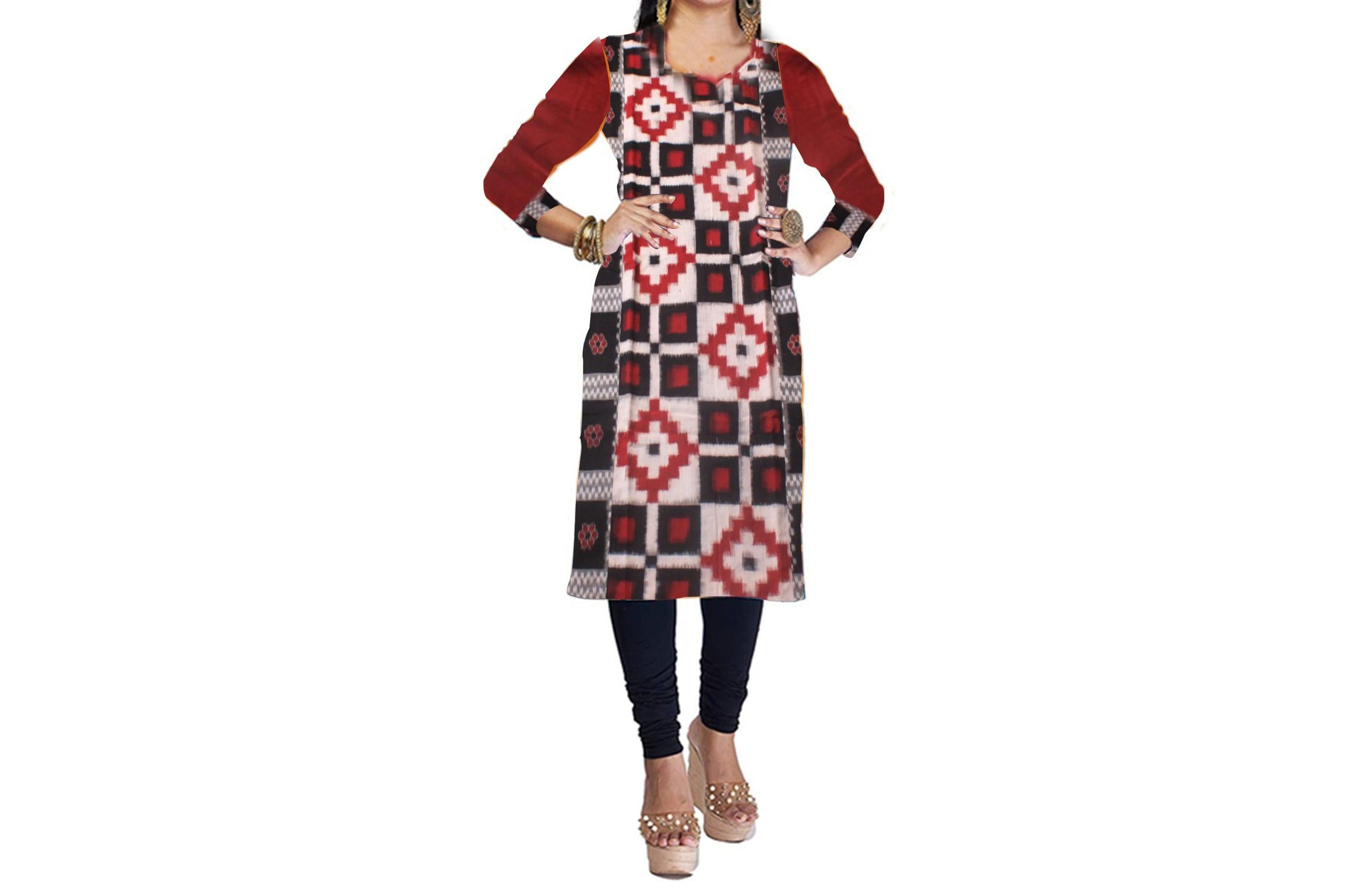 SAMBALPURI DESIGNER DRESS IN RED ,BLACK AND WHITE COLOR. - Koshali Arts & Crafts Enterprise