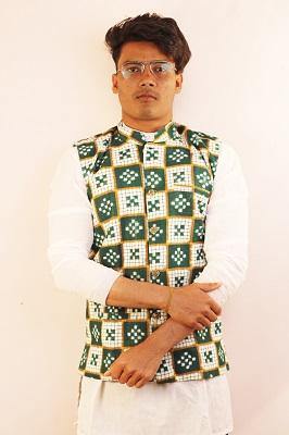 Sambalpuri Designer Gents Half Jacket in  White, Green & Golden Color - Koshali Arts & Crafts Enterprise