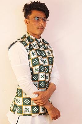 Sambalpuri Designer Gents Half Jacket in  White, Green & Golden Color - Koshali Arts & Crafts Enterprise