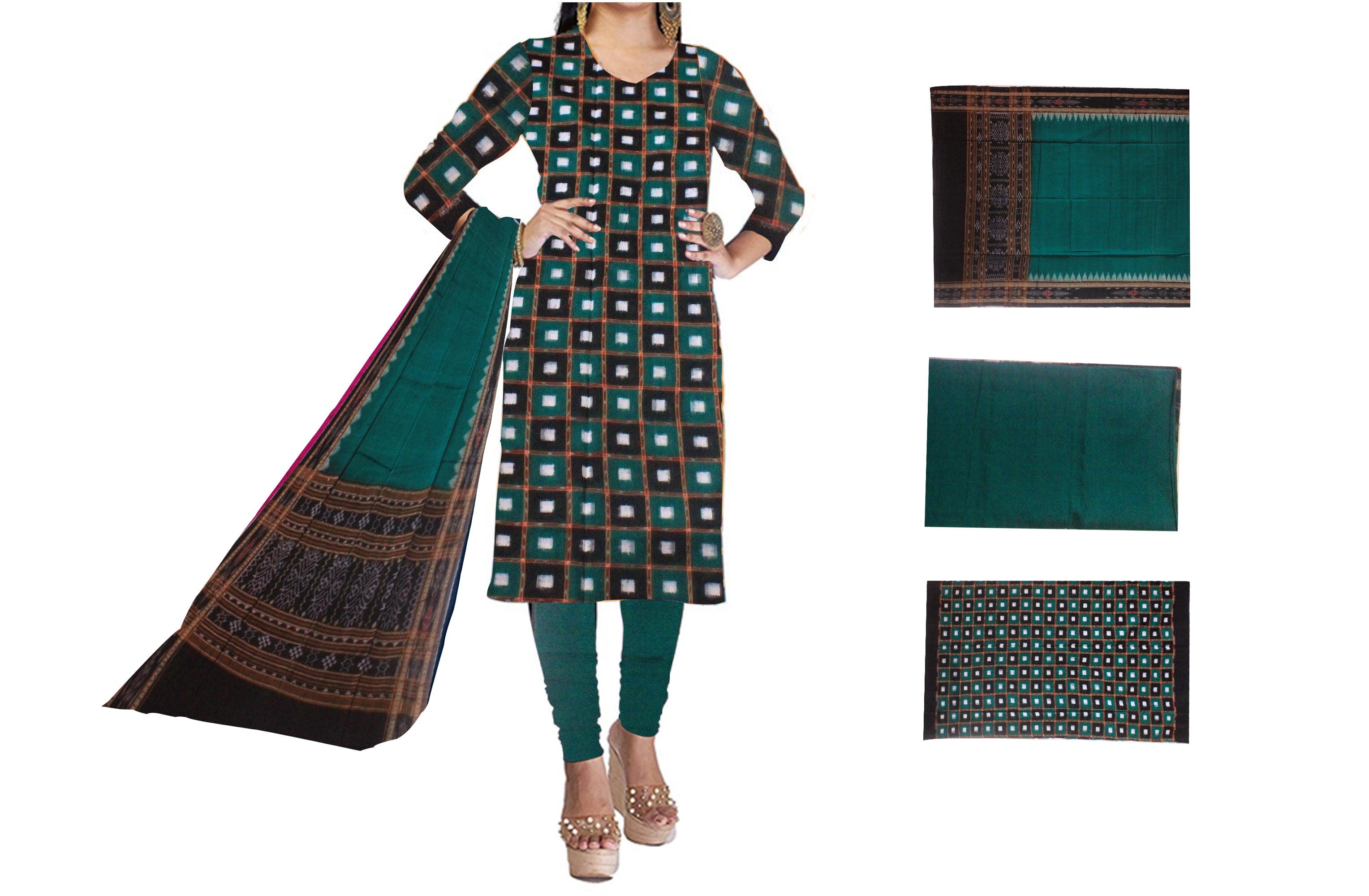 Cotton Dress Material in Beautiful  Green and black color with Pasapali design.  Contrast  Dupatta  UNSTITCHED DRESS SET - Koshali Arts & Crafts Enterprise