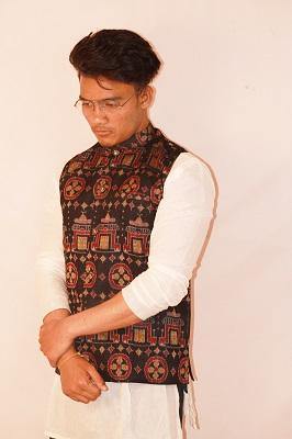 Sambalpuri Designer Gents Half Jacket in Black, Yellow & Maroon Color - Koshali Arts & Crafts Enterprise