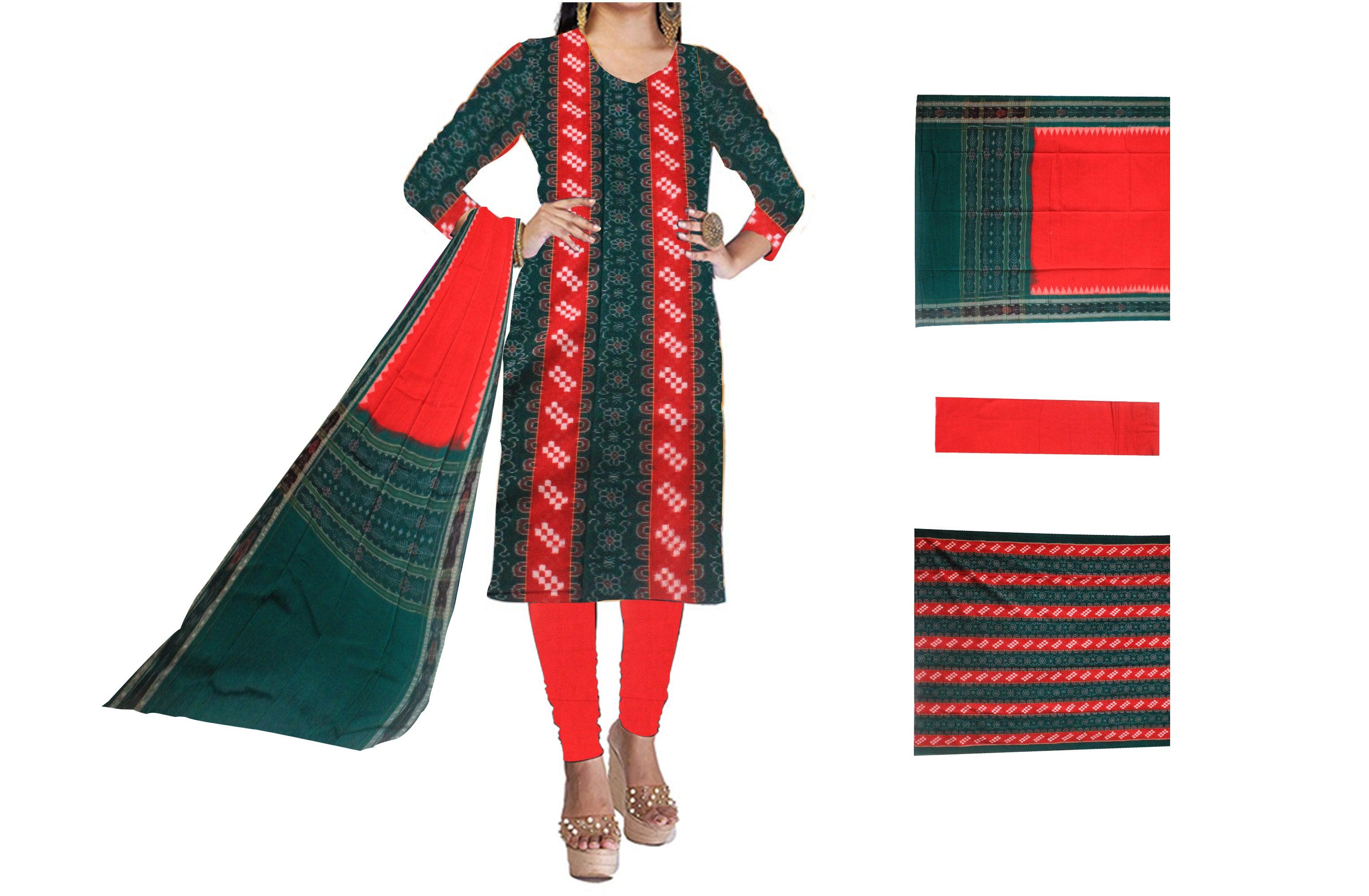Cotton Dress Material in Beautiful Persian green and red color with Pasapali design. Contrast  Dupatta  UNSTITCHED DRESS SET - Koshali Arts & Crafts Enterprise
