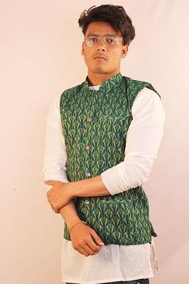 Sambalpuri Designer Gents Half Jacket in  Green, Yellow & White Color - Koshali Arts & Crafts Enterprise