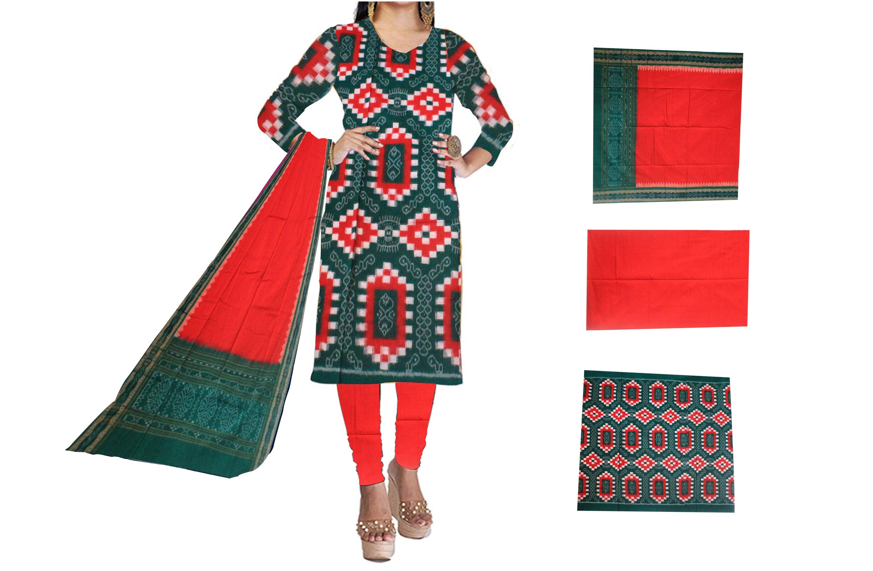 Cotton Dress Material in Beautiful Green and red color with Pasapali design. Contrast Dupatta  UNSTITCHED DRESS SET - Koshali Arts & Crafts Enterprise