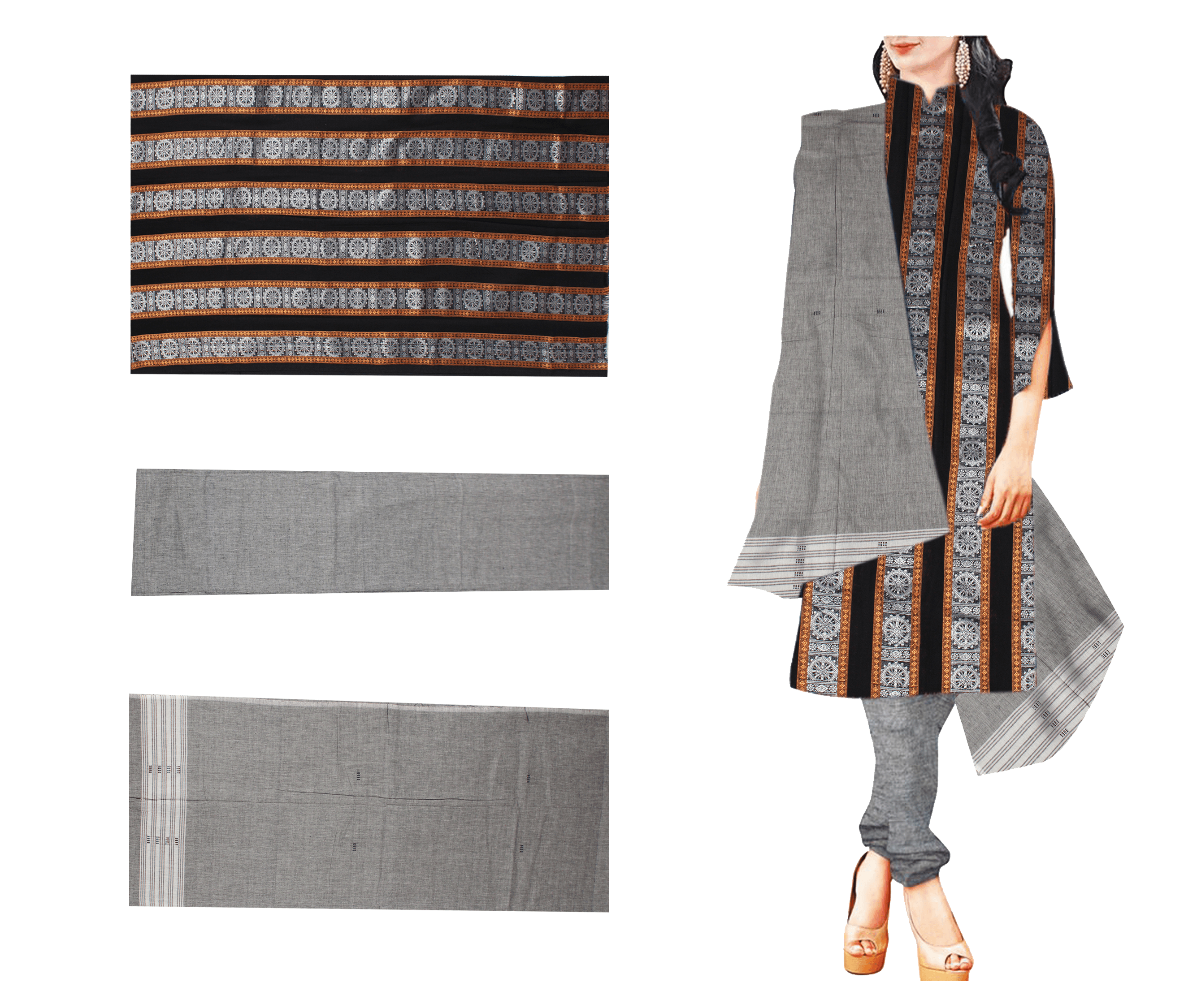 Women's Odisha Handloom Sambalpuri Chakra Print Back Cotton Salwar Kameez Dress Set with Light gray Dupatta and Bottom (Free Size) - Koshali Arts & Crafts Enterprise