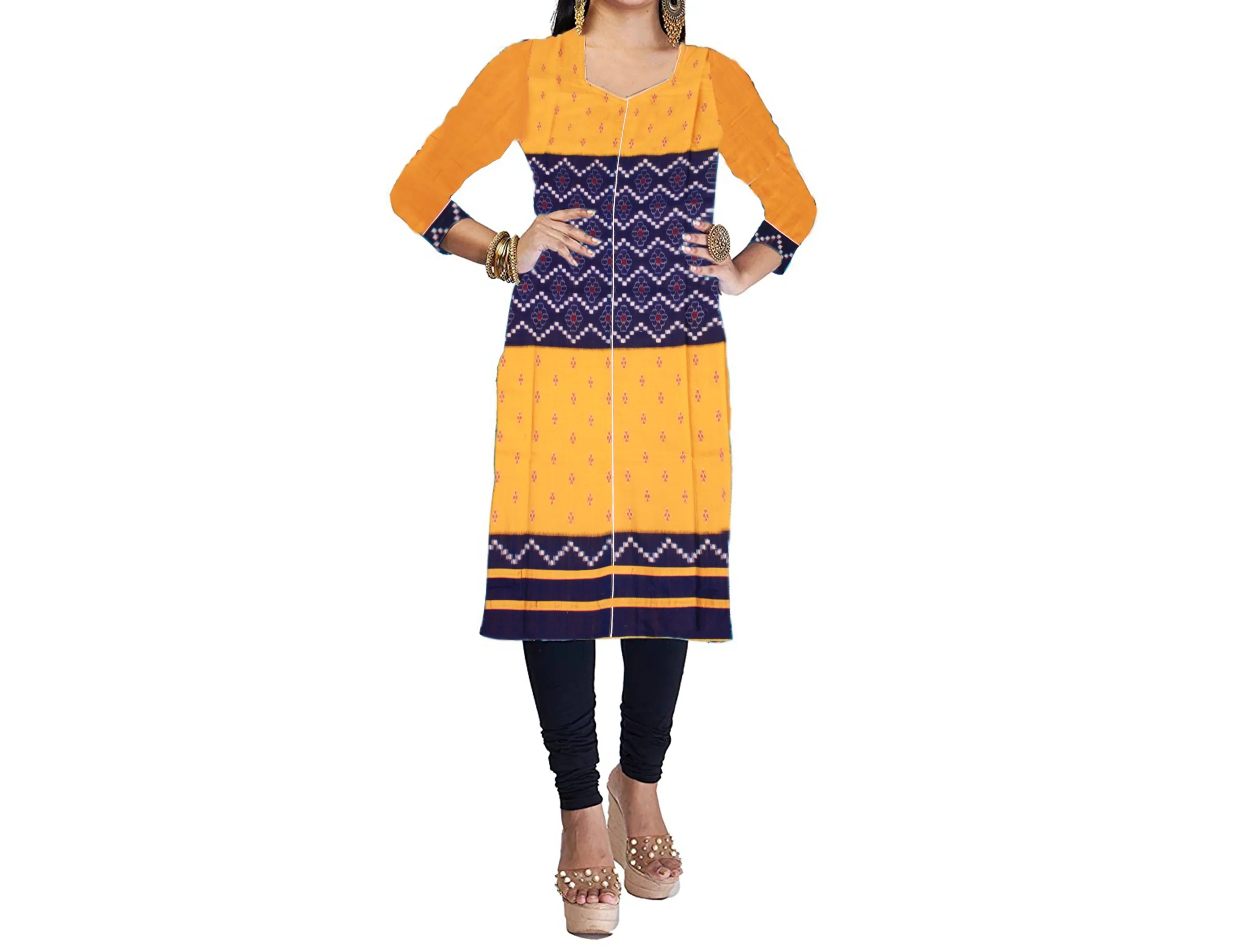 Sambalpuri Designer Dress in Yellow & Blue Color - Koshali Arts & Crafts Enterprise