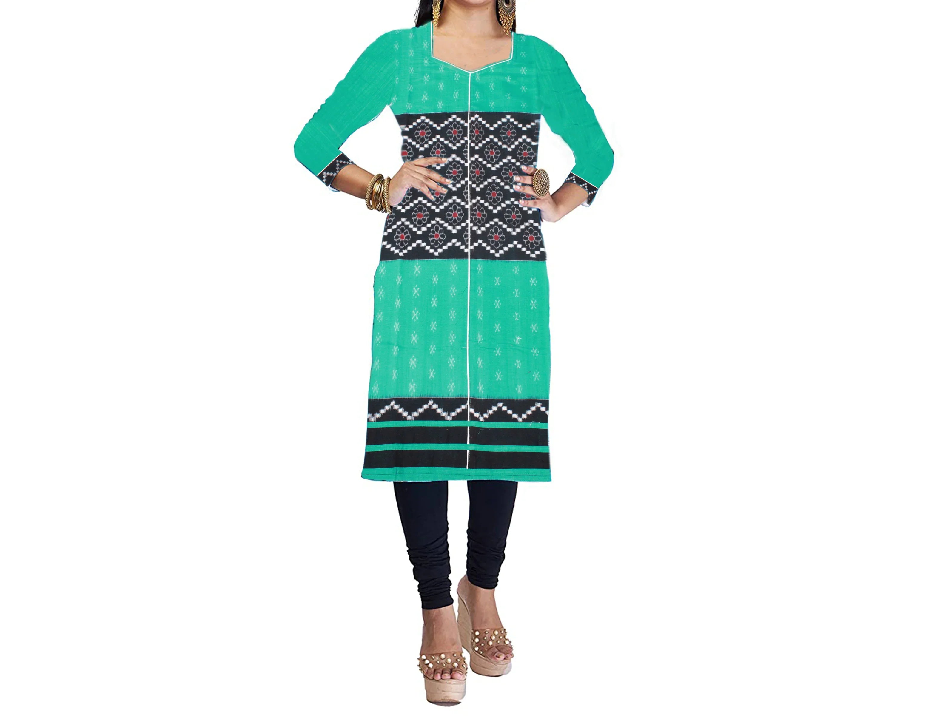 Sambalpuri Designer Dress in Light Green & Black Color - Koshali Arts & Crafts Enterprise
