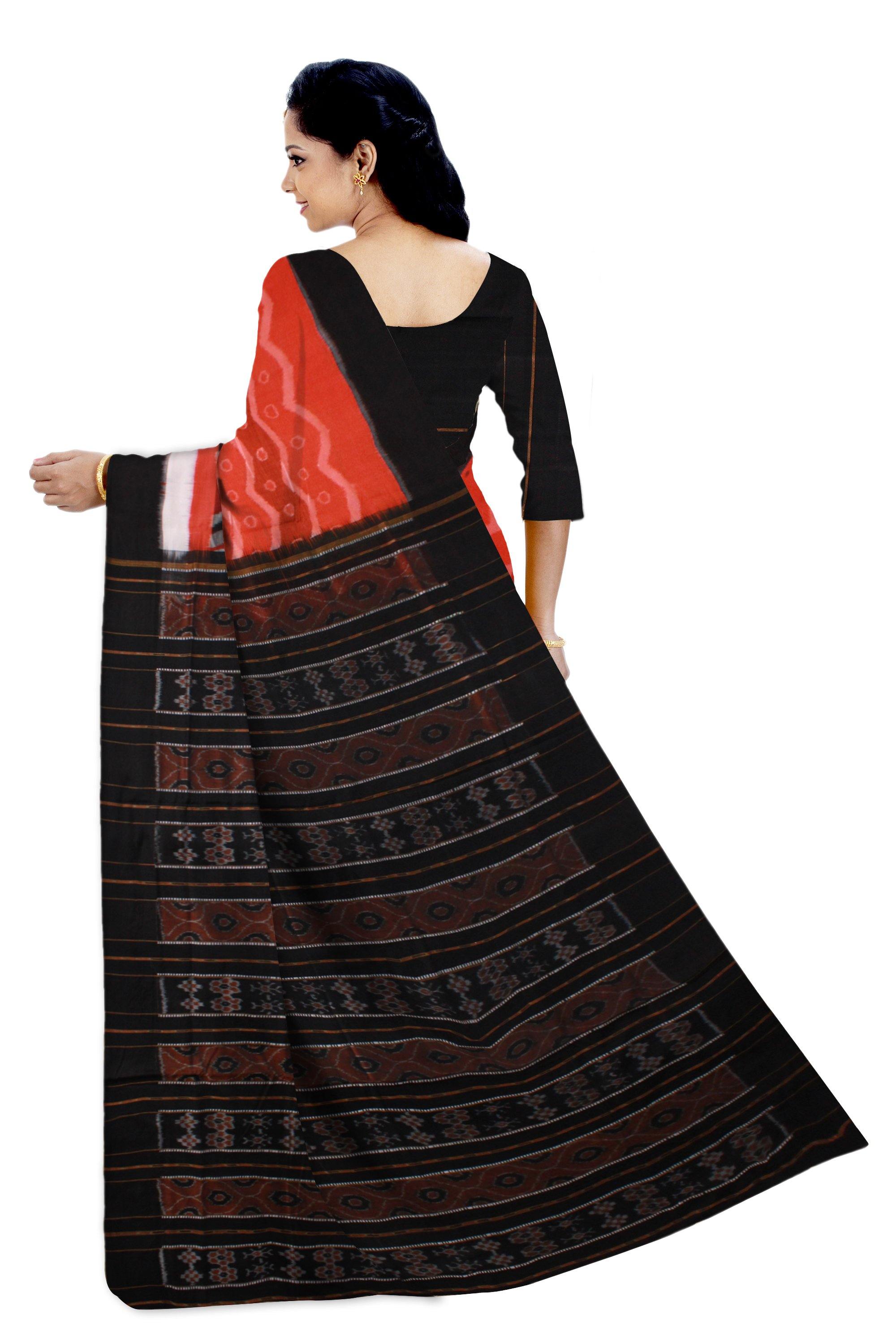 Orange and Black Zigzag and Heart Print Cotton Saree With Blouse piece. - Koshali Arts & Crafts Enterprise