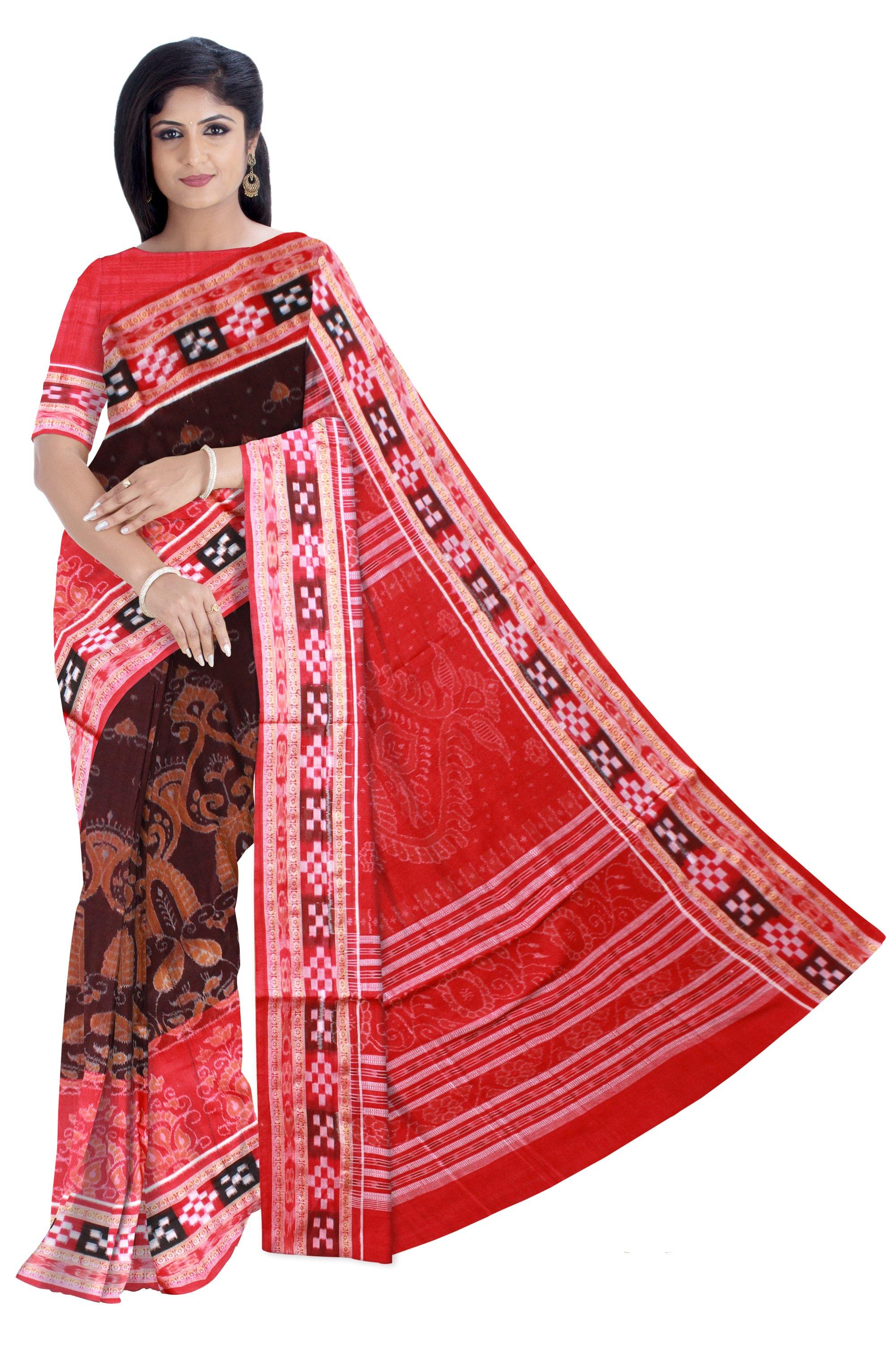 Pasapali Border Cotton Saree with temple print in brown and Red available with blouse piece - Koshali Arts & Crafts Enterprise