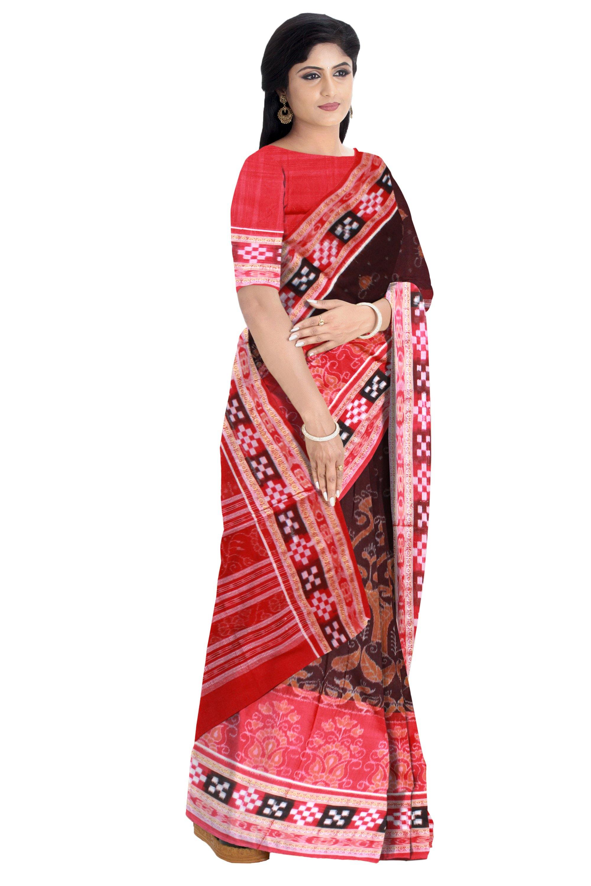 Pasapali Border Cotton Saree with temple print in brown and Red available with blouse piece - Koshali Arts & Crafts Enterprise