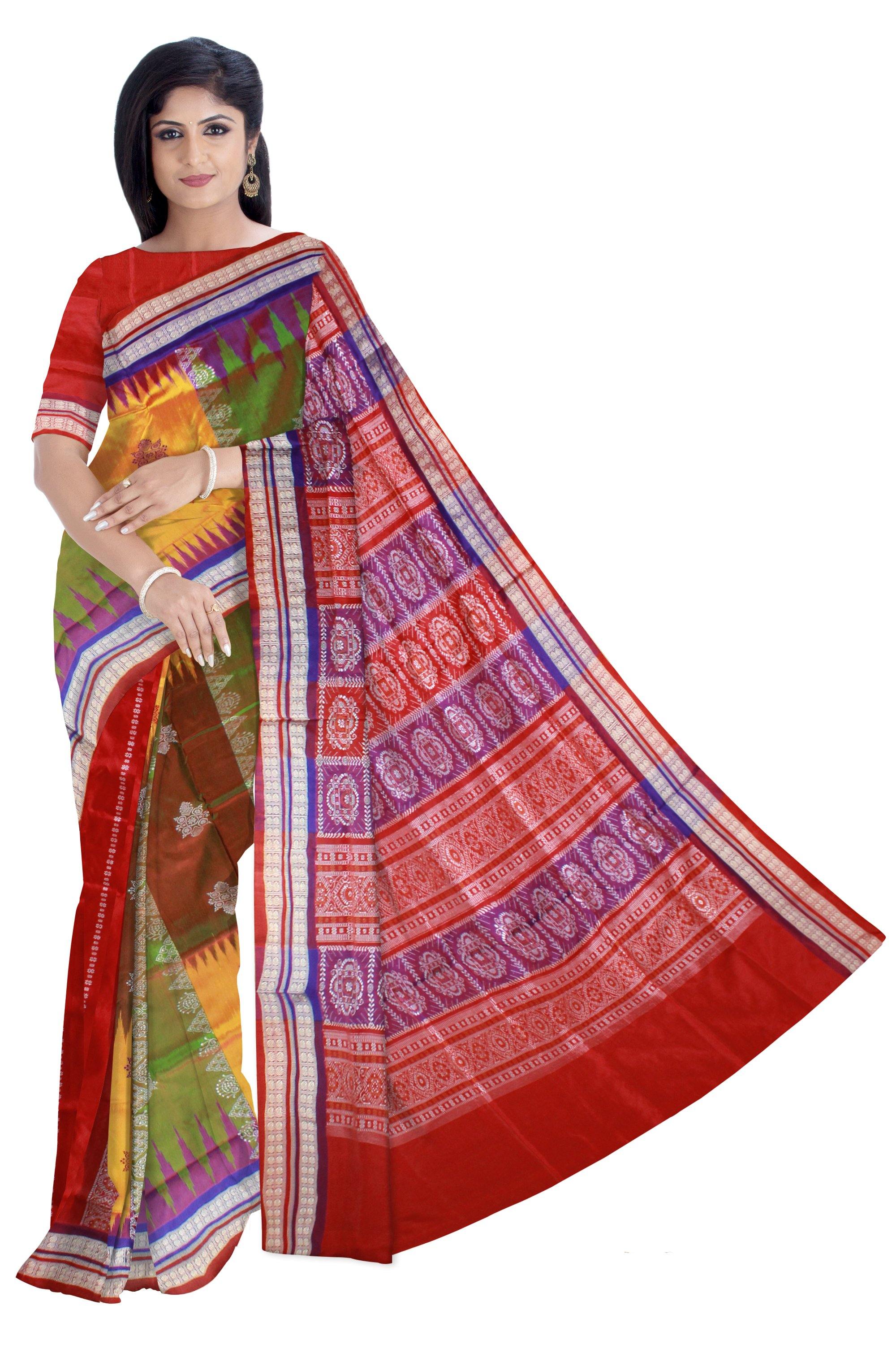 Yellow green & Red mixed color Patli Pata saree with blouse piece. - Koshali Arts & Crafts Enterprise