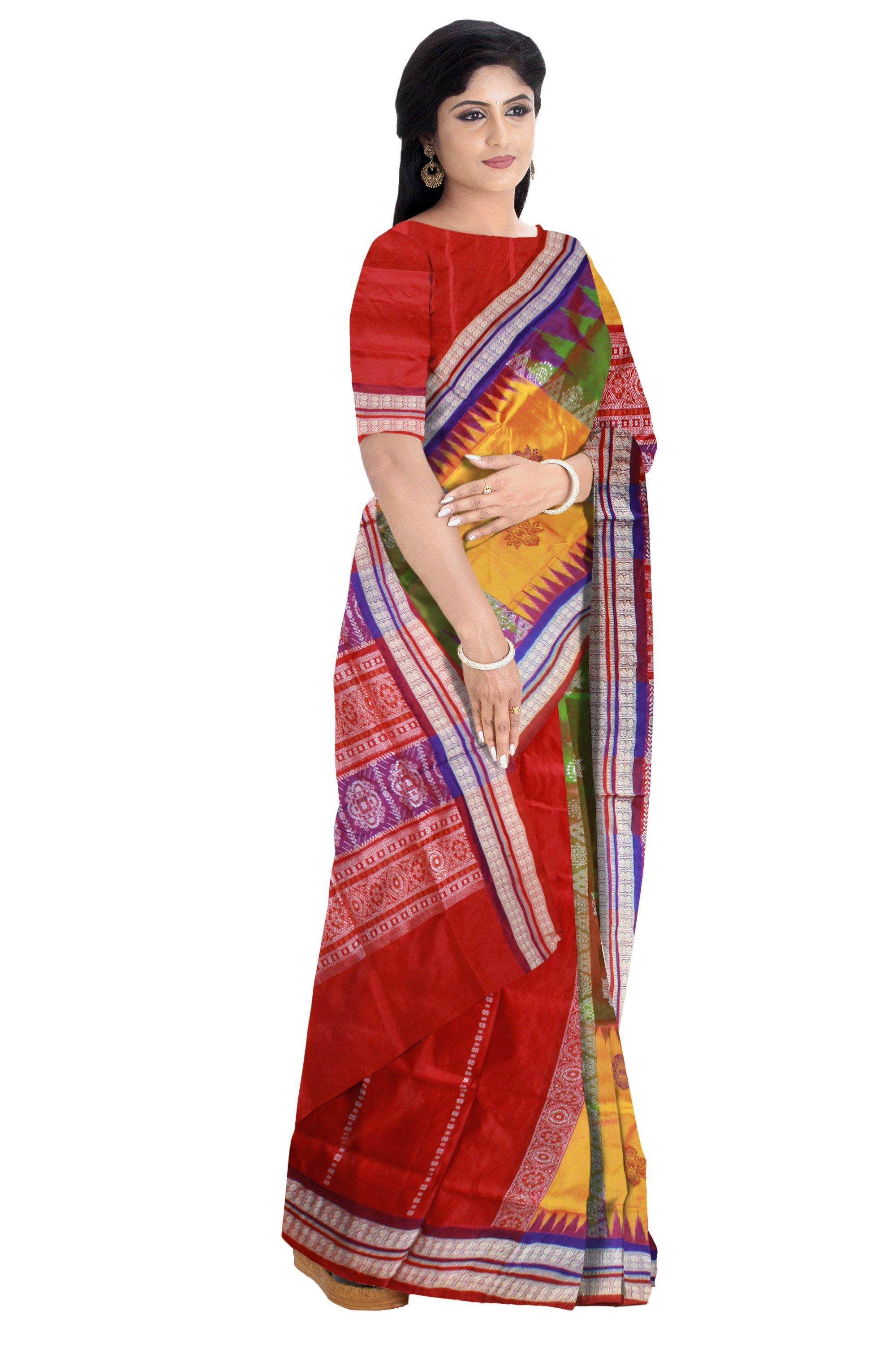 Yellow green & Red mixed color Patli Pata saree with blouse piece. - Koshali Arts & Crafts Enterprise