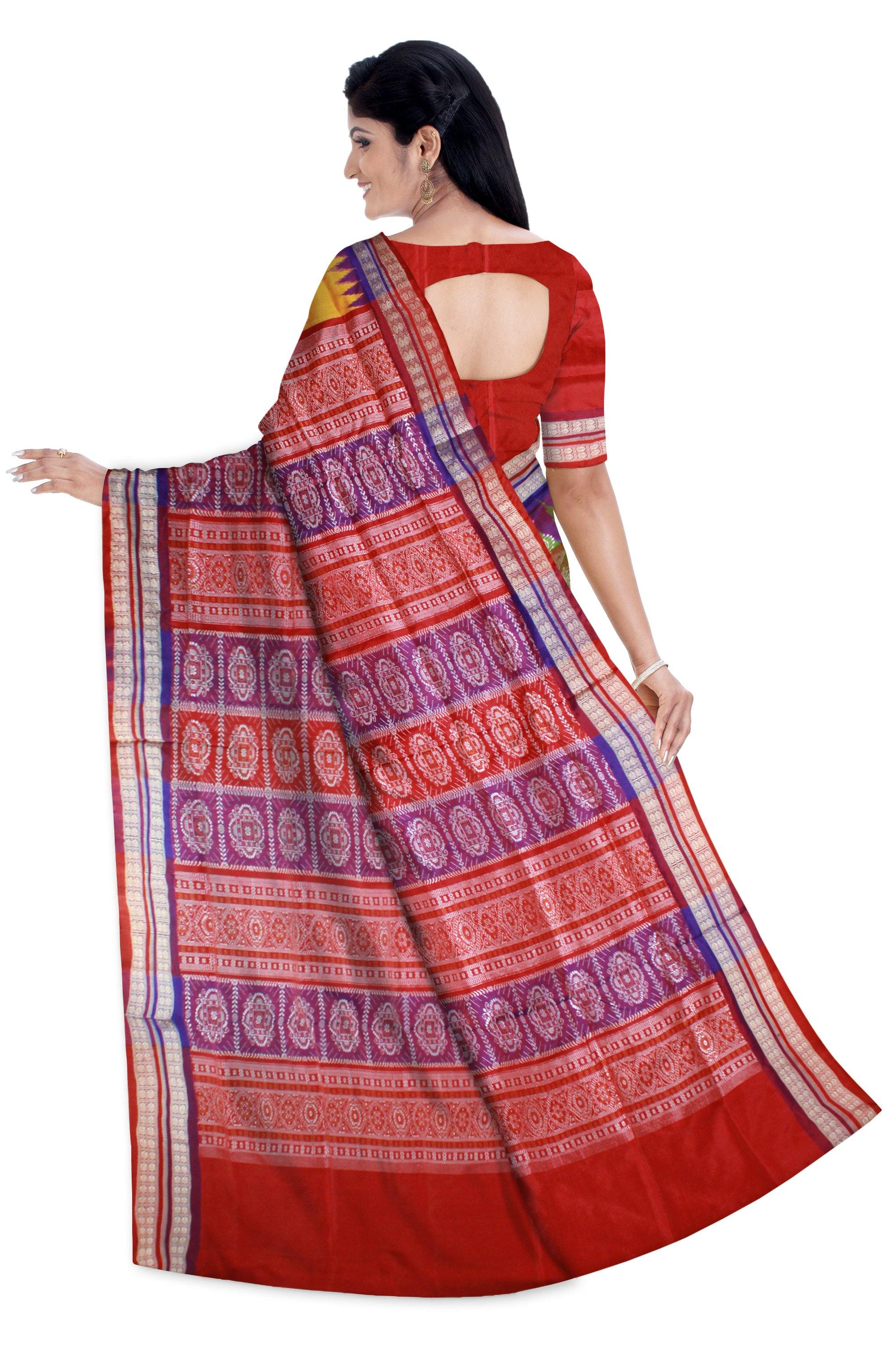 Yellow green & Red mixed color Patli Pata saree with blouse piece. - Koshali Arts & Crafts Enterprise