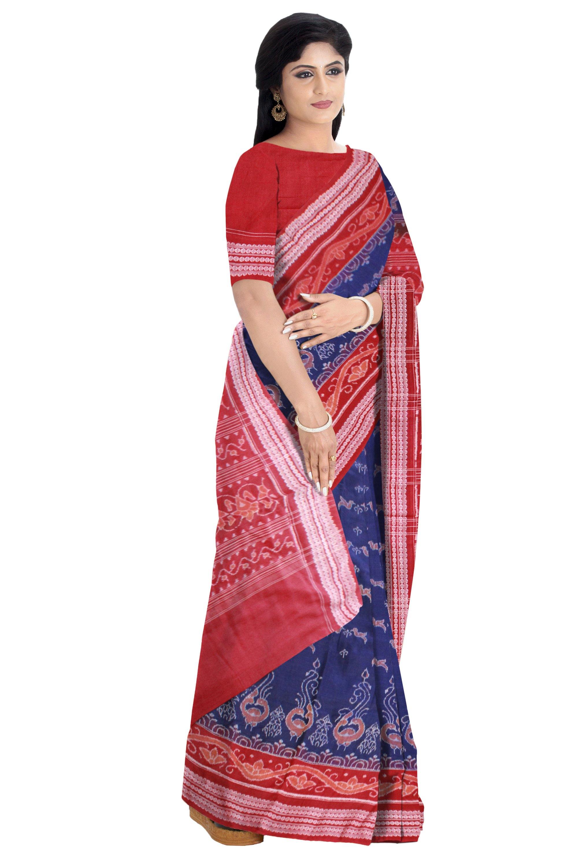 Blue Color Birds print Cotton Ikat saree, Available with blouse piece. - Koshali Arts & Crafts Enterprise