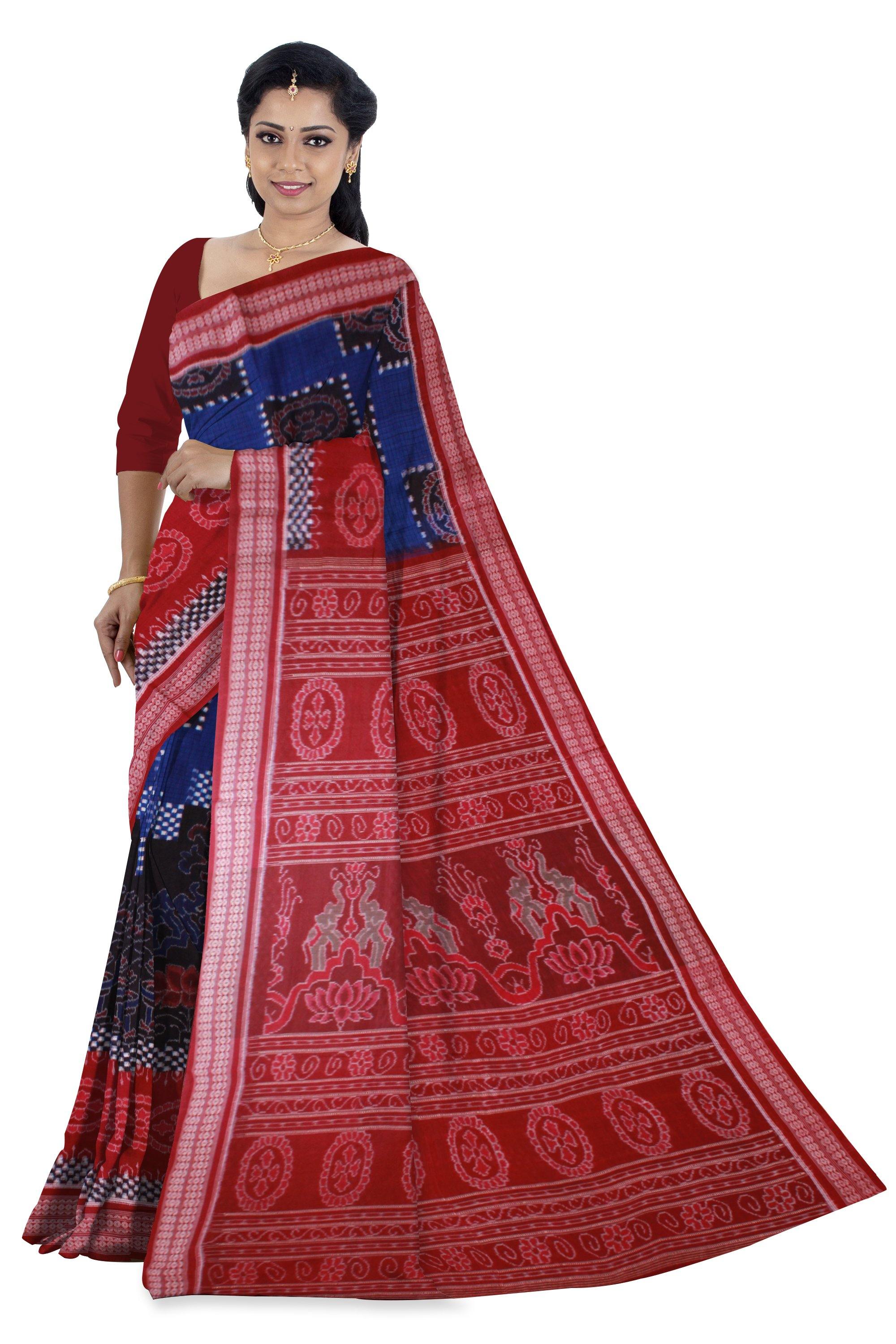 Sambalpuri Pasapali ikat saree in blue, black and red color. Without blouse piece - Koshali Arts & Crafts Enterprise